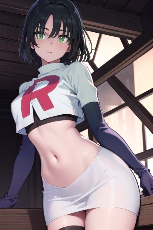 fubuki, fubuki, black hair, (green eyes:1.5), short hair,
BREAK jewelry, team rocket,team rocket uniform,white skirt,red letter R,crop top,black thigh-highs,black elbow gloves,
BREAK looking at viewer,
BREAK (masterpiece:1.2), best quality, high resolution, unity 8k wallpaper, (illustration:0.8), (beautiful detailed eyes:1.6), extremely detailed face, perfect lighting, extremely detailed CG, (perfect hands, perfect anatomy),
