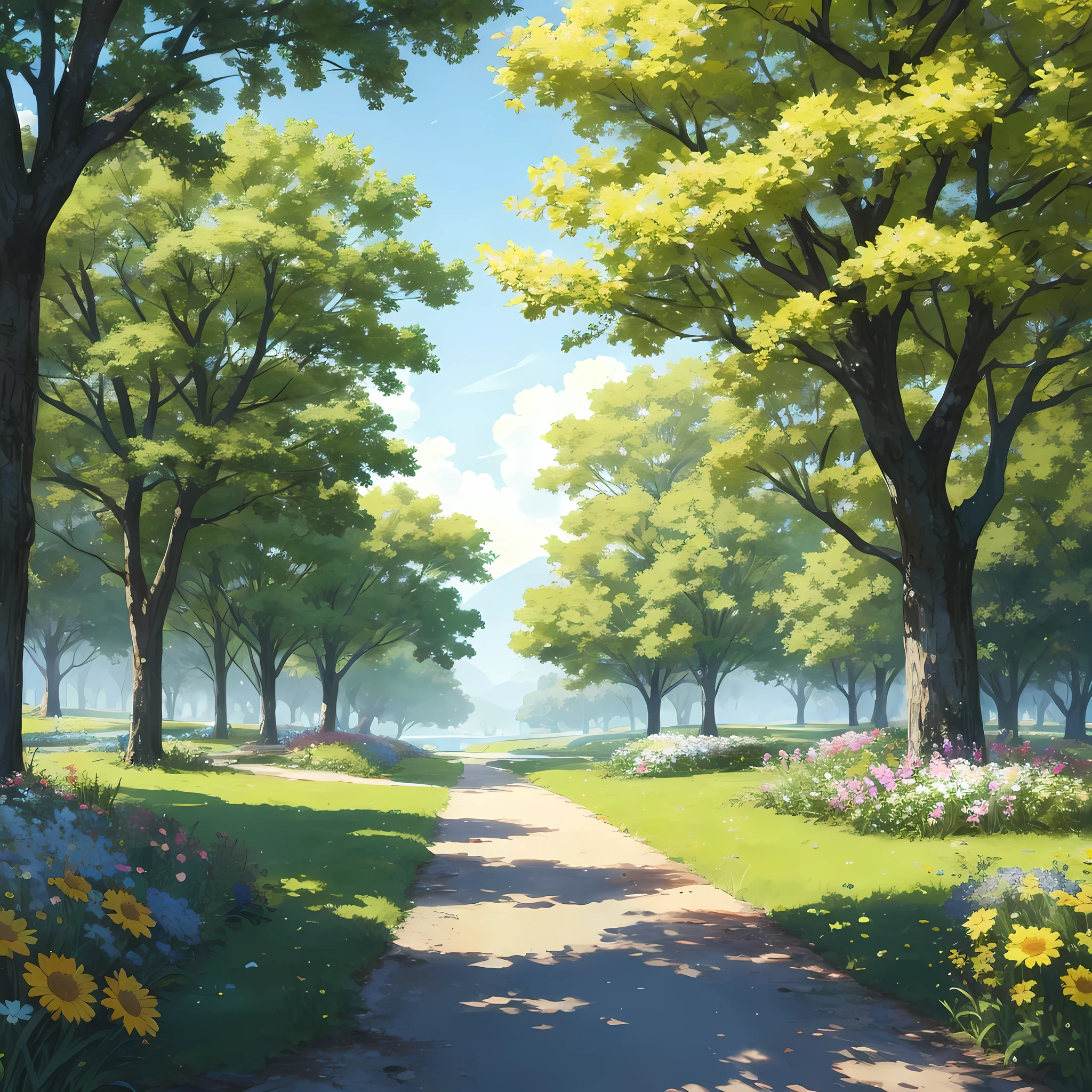 a great wallpaper of a gardeen with flowers and trees,