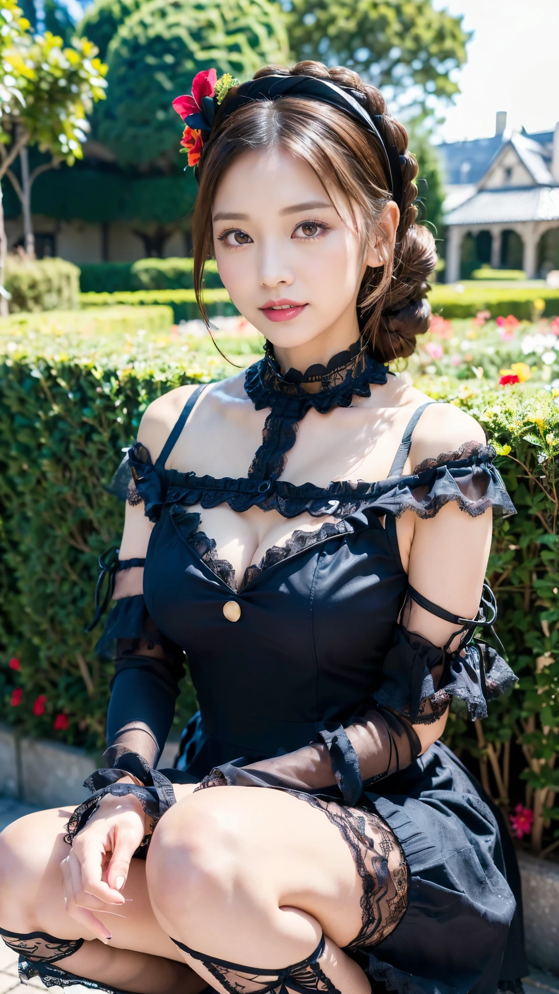 (((Gothic ta Fashion:1.3)),(((Lace off-the-shoulder dress))),(((Outfit with intricate lace detailing))),(Emphasize large breasts:1.3),(European castle background:1.3),(Flowerbed with colorful flowers blooming in the garden),(squat:1.3),(The contrast of light and shadow makes the subject appear three-dimensional),Pretty and beautiful girl,Cute round face,Cute Smile,Blushing,Red lips,(Silvery white hair,Floral knit headband,Half Up、Floral braided space buns,Voluminous fishtail braid,Twisted pan,),(The bangs are see-through),hairpin,hair ornaments,Detailed clothing features,Detailed hair features,Detailed facial features,(Dynamic Angle),(Dynamic and sexy pose),Professional Lighting,Cinematic Light,(Tabletop,highest quality,Ultra-high resolution output images, Depth of written boundary,) ,(32k quality,Depth of written boundary,Anatomically correct facial structure,),(SeaArt 2 Mode:1.3),(Picture Mode Ultra HD,)