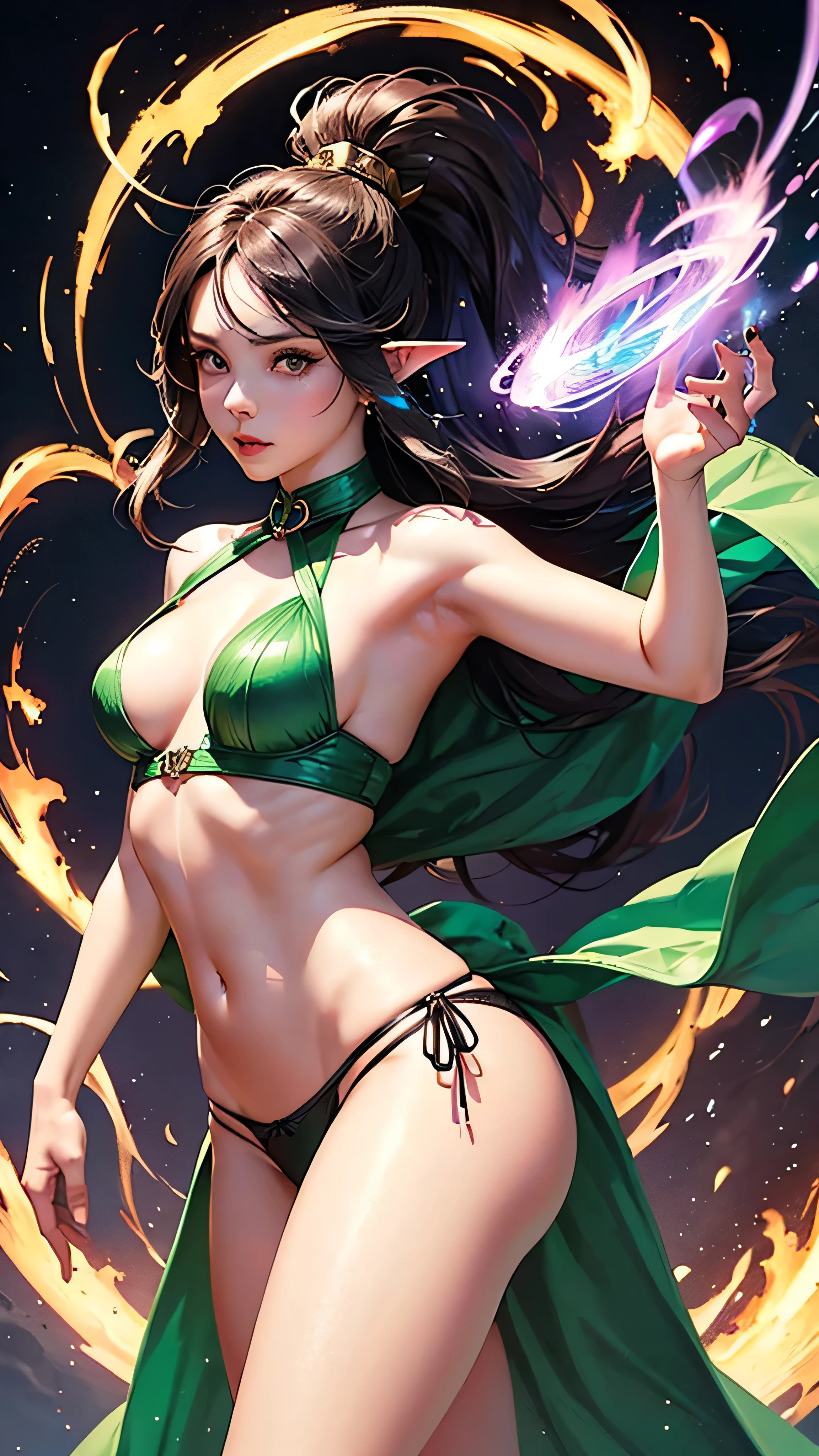 Beautiful Woman, elf ears, curvy beautiful girl, 40 years, elfic outfit, in attack with bow, magician, cleary showing the open legs, butt, black long hair
Purple light eyes, ponytail, no underwear, very small green metalic panties, all tattoed skin, desert, gold lights around her, red outfif elfic