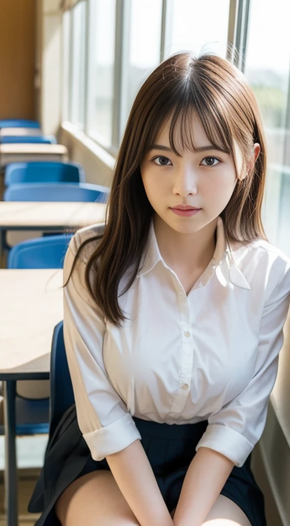 One girl、、 (alone)、(Thrust up the chest)、18 year old student、(Sitting in a school chair by the window)、She is in a bad mood、(Super beautiful girl:1.5)、(Large Breasts:1.3)、Tight blouse、(一张细致的face)、Textured Skin、face、Voluptuous thighs、Bare leg hair、(uniform)、high school、classroom、School desks and chairs、Out of the window, I can see the sea, the summer sky, and cumulonimbus clouds.、Heterochromia iridis