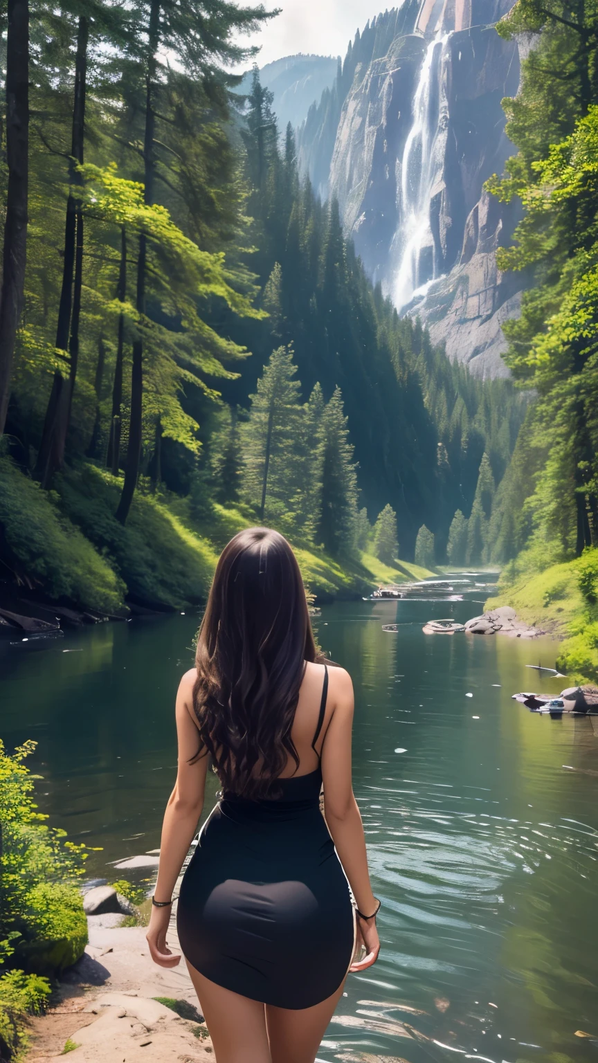 High Resolution, Masterpiece, High Quality, High Definition, Focus on Face of One Young Woman, sexy Figure, Overlooking Large Forest from Back, Mountain Landscape, Forest, Nature, River