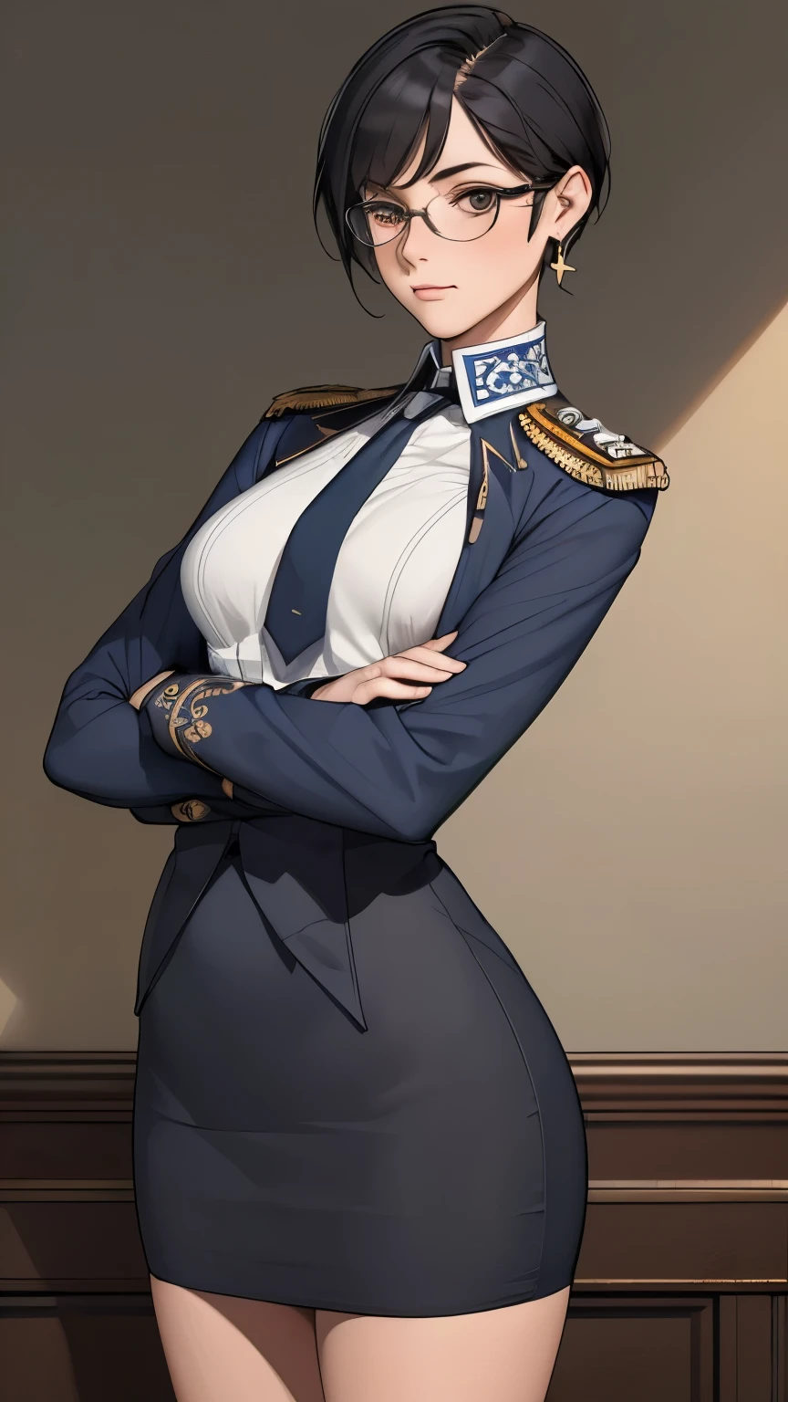 (masterpiece:1.3), (disorganized:1.3), (highest quality:1.3),(perfect anatomy),detailed face,Steam punk, victorian era,Hong kong,horizontal angle,hands,((looking at viewer)), (Super detailed:1.3),(best shadow:0.7), solo,1 middle aged woman,saggy small breast,(treated hair), pixie cut,fine eyes, beautiful eyes, 1 middle aged woman, ((saggy small breast)),naval officer,alone, standing, crystal earrings,closed_mouth, arm_behind_return, (naval officer uniform,pencil skirt,tie),insignia,glasses,rest outdoors, intimidating pose,cowboy shot
