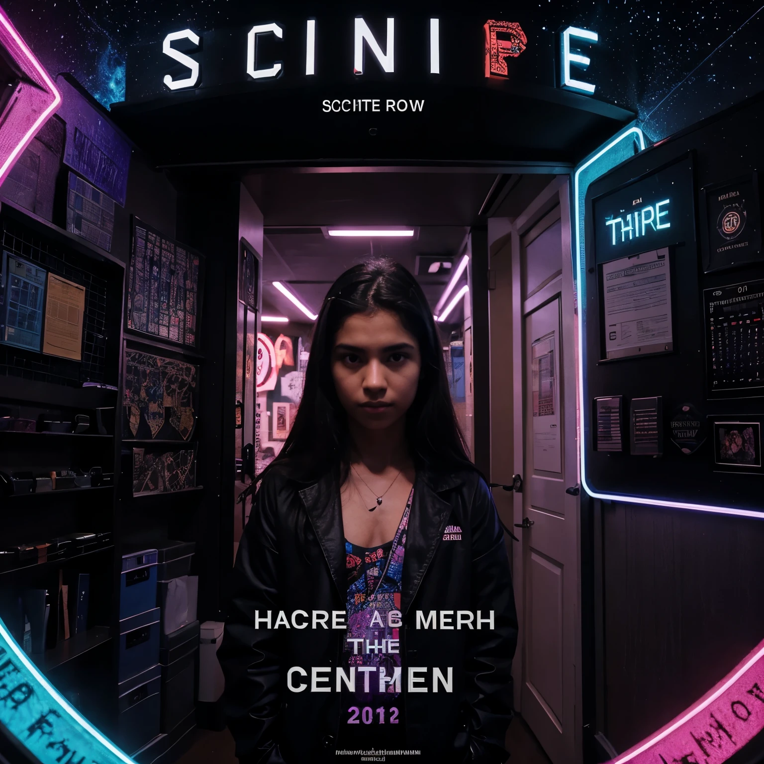 Make the cover of my science fair work with the theme in the middle which is escape room with black light with the name of the school at the top which is an elementary school center 31 with the name of the group members at the bottom who are Maira, Mariana ,Ana Beatriz, Estela, Kevin, Gabriel, Octavian, Felipe Kauan and the place and date below the place is CeF 31 and the date is 21/05 the very eye-catching cover with mysterious things, very colorful with neon things and with several features