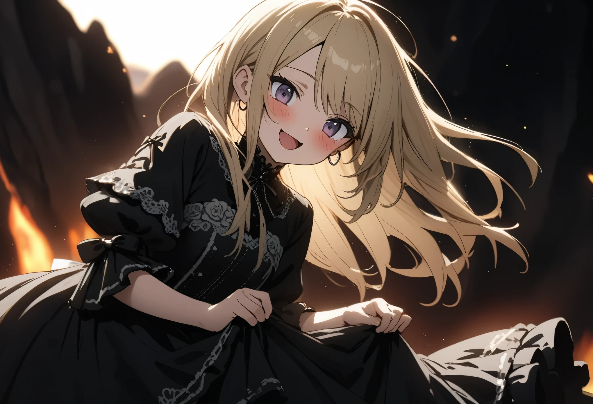 ((Masterpiece)), (Anime:1.5), ((best quality)), (sketch:0.3), (Professional Photography:1.2), (12 years old), ((1girl)), Textured skin, cinematic lighting, ((Beautiful Gothic Lolita pure-white-Dresses)), (very hoop-dress), Luxury roses embroidery, cute innocent young girl, ((loose swept bangs)), Slender and small breasts, (long silky blond hair), (gothic lolita makeup), ((bags under the eyes)), lower eyelashes, beautiful hair, naughty smile, open mouth, (blush), Light particles, ((Lift the skirt with hand)), (on the active volcanic zone), Spewing lava, AddXL
