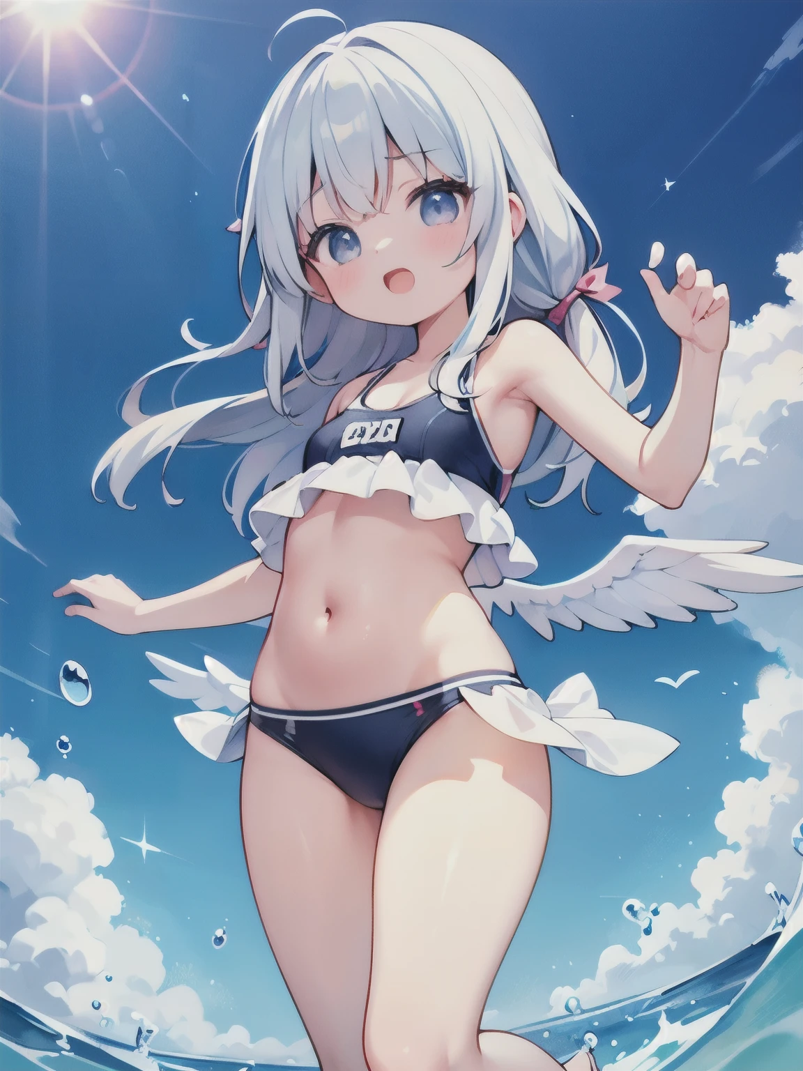 front、Singing Contest、Open your mouth、School Swimsuit、Small breasts、、Belly button、Cleavage、Wings on the back、white、translucent、Cute pose、Thong、(Dynamic High Angle)、Running tightagical girl、gravure、Micro Pants、Chirarizum、high resolution、Ultra HD、#quality(8k,Very detailedなCGユニットの壁紙, masterpiece,High resolution,top-quality,top-quality real texture skin,Surreal,Increase the resolution,最高quality,Very detailed,NSFW Wallpapers,Cinematic,Golden Ratio), break ,(girl、naked、nude、Pussy、Nipples、Sexy pose),#1人のgirl(Black Hair、Braiding、ponytail,whole body),#background(night,Starry Sky,Townscape ),From the other side