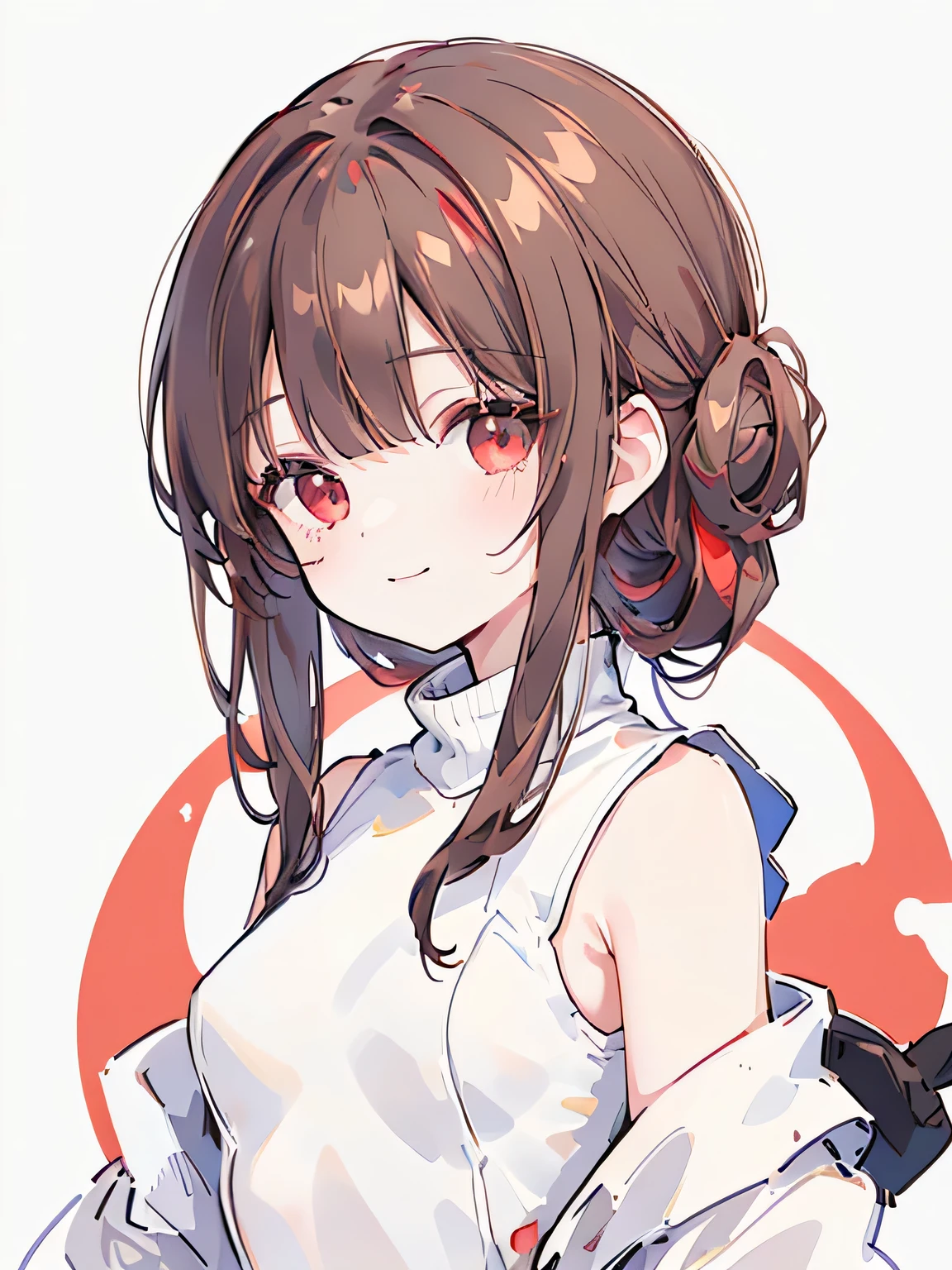 hi quality,1 female, teenagers,((brown medium chignon hair)),beautiful small breasts,thin black turtleneck inner wear,white oversized sweat ,good style,,(facing the front)(((cheeks turn red、shy smiley expression)),((( upper body portrait))),from front,deep red eyes,(((The bangs are even))) ,white background
