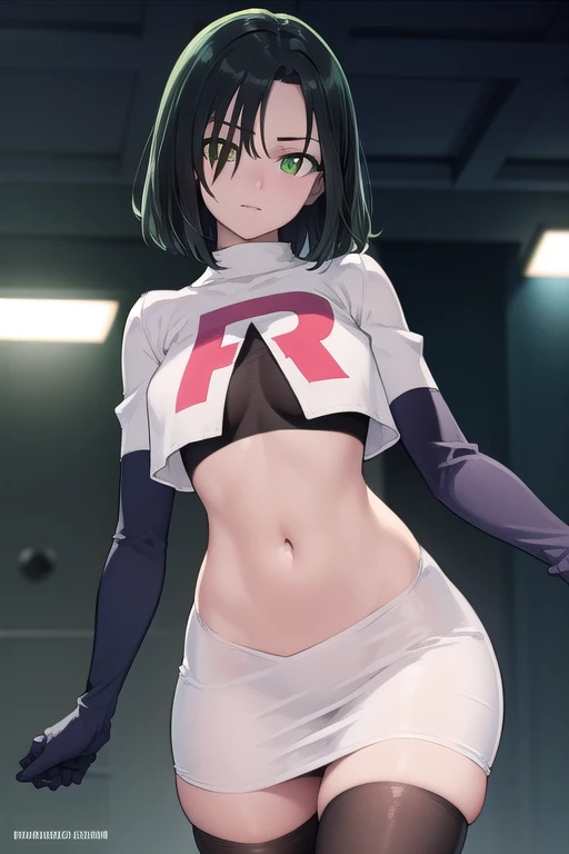 fubuki, fubuki, black hair, (green eyes:1.5), short hair,
BREAK jewelry, team rocket,team rocket uniform,white skirt,red letter R,crop top,black thigh-highs,black elbow gloves,
BREAK looking at viewer,
BREAK (masterpiece:1.2), best quality, high resolution, unity 8k wallpaper, (illustration:0.8), (beautiful detailed eyes:1.6), extremely detailed face, perfect lighting, extremely detailed CG, (perfect hands, perfect anatomy),