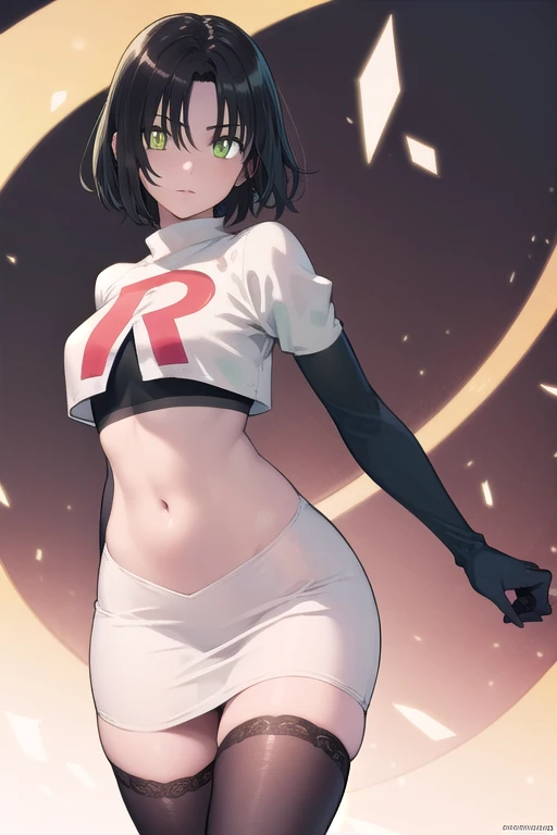 fubuki, fubuki, black hair, (green eyes:1.5), short hair,
BREAK jewelry, team rocket,team rocket uniform,white skirt,red letter R,crop top,black thigh-highs,black elbow gloves,
BREAK looking at viewer,
BREAK (masterpiece:1.2), best quality, high resolution, unity 8k wallpaper, (illustration:0.8), (beautiful detailed eyes:1.6), extremely detailed face, perfect lighting, extremely detailed CG, (perfect hands, perfect anatomy),