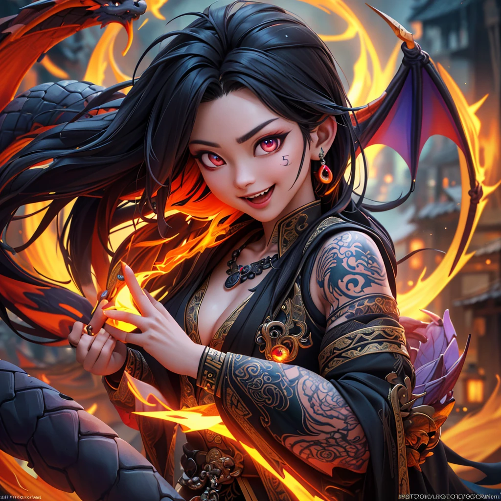 A witchy Asian spirit, Malaysian woman, age 25, ankle length hair, extensive tattoos ( dragon motif), evil body jewelry, unclad (very sexy and revealing but still enough is covered to be SFW) , glowing eyes, and a unholy aura, she is laughing cruelly, she floats above a corrupt magic circle in a medieval European village, black serpentine Asian drakes slither around the edges of the scene(almost out of sight, almost out of reach). (best quality, 4k, highres, masterpiece:1.2), ultra-detailed, (realistic, photorealistic, photo-realistic:1.37), HDR, UHD, studio lighting, ultra-fine painting, sharp focus, physically-based rendering, extreme detail description, professional, vivid colors, bokeh, portraits, landscape, horror, anime, sci-fi, photography, concept artists, vibrant colors, soft lighting. Set in a medieval European village
