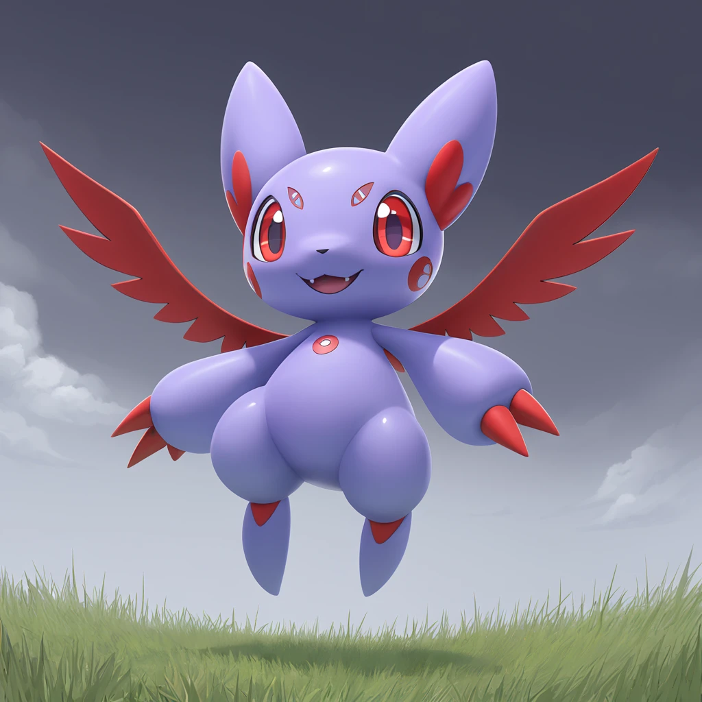 A small-sized digimon capable of flying using the ear-like parts growing from its head and it can use its ears skillfully like hands and has a prank-loving personality, colors are primarily light-gray-blue-purple with red eyes, flying above grass on a stormy day
