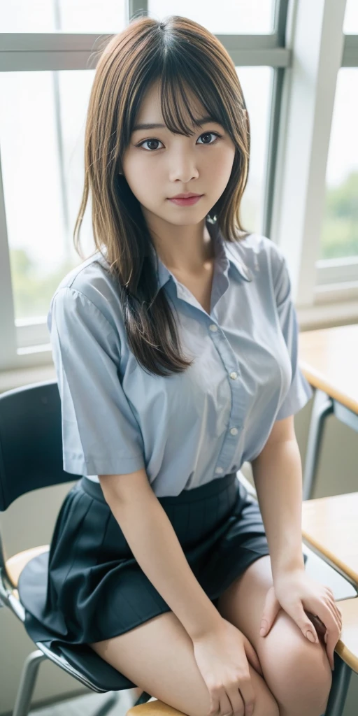 One girl、、 (alone)、(Thrust up the chest)、18 year old student、(Sitting in a school chair by the window)、She is in a bad mood、(Super beautiful girl:1.5)、(Large Breasts:1.3)、Tight blouse、(一张细致的face)、Textured Skin、face、Voluptuous thighs、Bare leg hair、(uniform)、high school、classroom、School desks and chairs、Out of the window, I can see the sea, the summer sky, and cumulonimbus clouds.、Heterochromia iridis