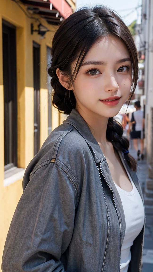 Top-quality Realistic,Official art,Highly detailed CG Unity 8k wallpaper,ultra-detailliert,hight resolution,Physically-based rendering,Magnificat,finely detail,masterpiece,Best Quality,ultra detailed,Mature beauty,Beautiful women,1girl,moist lips,sexy lips,Sexy smile,Gentle smile, 20 years old, Beautiful bare skin,Smooth bare skin, big well-shaped breasts, beautiful cleavage,beautiful Mature body,swept bangs,(french braid:1.3), beautiful detailed eyes,model shoot style,Japanese Idol,full-body, ((Santorini's Oia district)),(With the streets of Oia in the background),BREAK,((naked gray jacket:1.3)),BREAK,model pose,standing position,Delicately expressed eyes,cute smile,A gentle smile like a goddess,walking-model pose,shoot from below,((Extreme close-up)),
