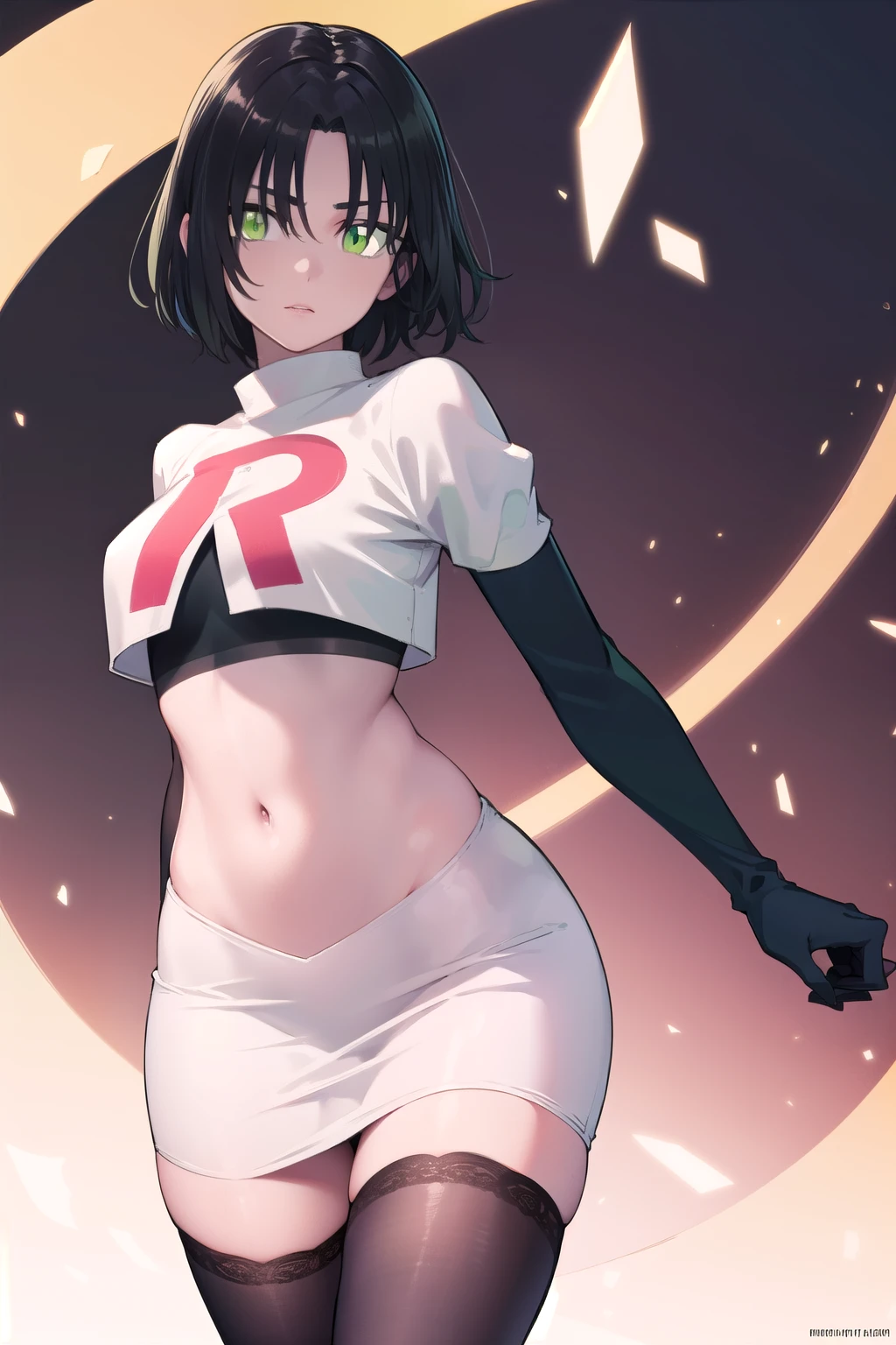 fubuki, fubuki, black hair, (green eyes:1.5), short hair,
BREAK jewelry, team rocket,team rocket uniform,white skirt,red letter R,crop top,black thigh-highs,black elbow gloves,
BREAK looking at viewer,
BREAK (masterpiece:1.2), best quality, high resolution, unity 8k wallpaper, (illustration:0.8), (beautiful detailed eyes:1.6), extremely detailed face, perfect lighting, extremely detailed CG, (perfect hands, perfect anatomy),