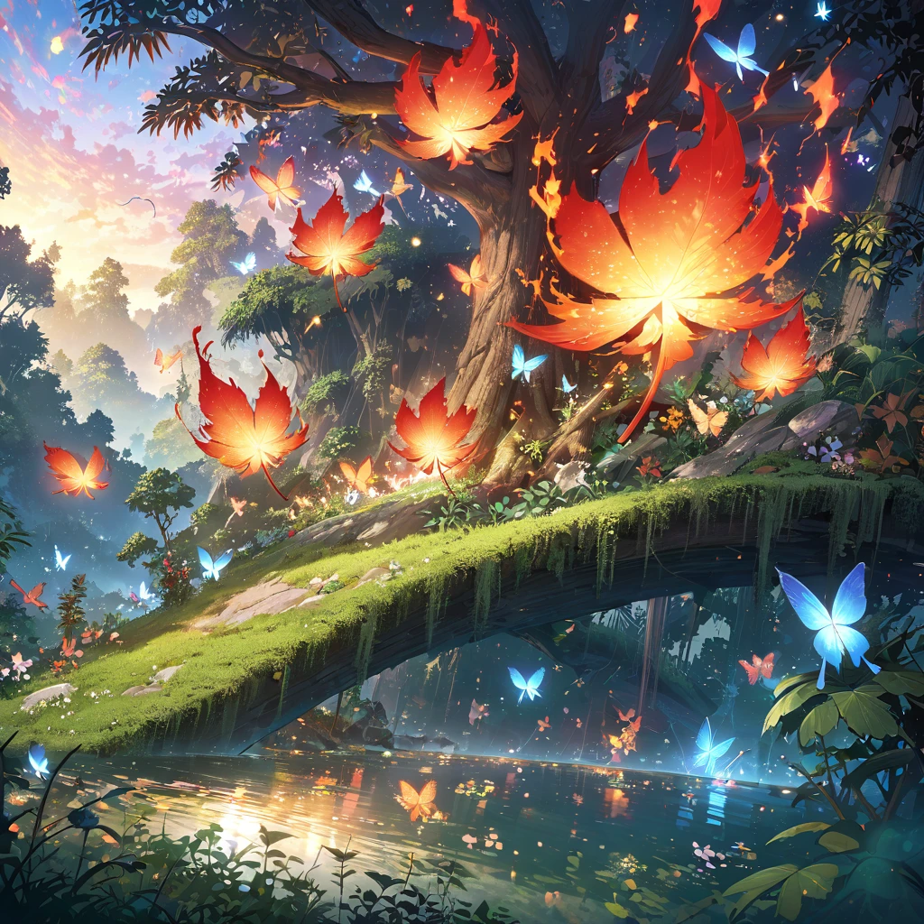 masterpiece, highest quality, (Highly detailed CG Unity 8k wallpaper), (highest quality), (Best illustrations), (Best Shadow), forest theme with Natural elements. Tall tree々, Quiet Stream, shineing little mushrooms, surrounded by delicate leaf and branch, with fire Fly and shineing Particle Effects, (Natural elements), (Jungle theme), (leaf), (branch), ( fire Fly), butterfly, (delicate leaf), (shine), (Particle Effects), Isometric 3D, Octane Rendering, Ray Tracing