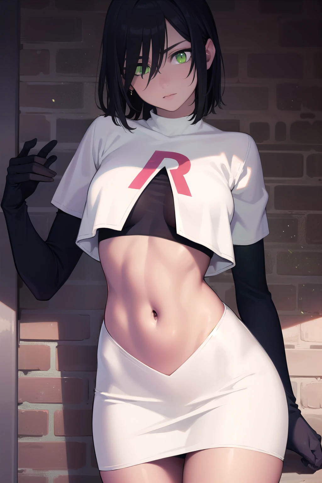 fubuki, fubuki, black hair, (green eyes:1.5), short hair,
BREAK jewelry, team rocket,team rocket uniform,white skirt,red letter R,crop top,black thigh-highs,black elbow gloves,
BREAK looking at viewer,
BREAK (masterpiece:1.2), best quality, high resolution, unity 8k wallpaper, (illustration:0.8), (beautiful detailed eyes:1.6), extremely detailed face, perfect lighting, extremely detailed CG, (perfect hands, perfect anatomy),