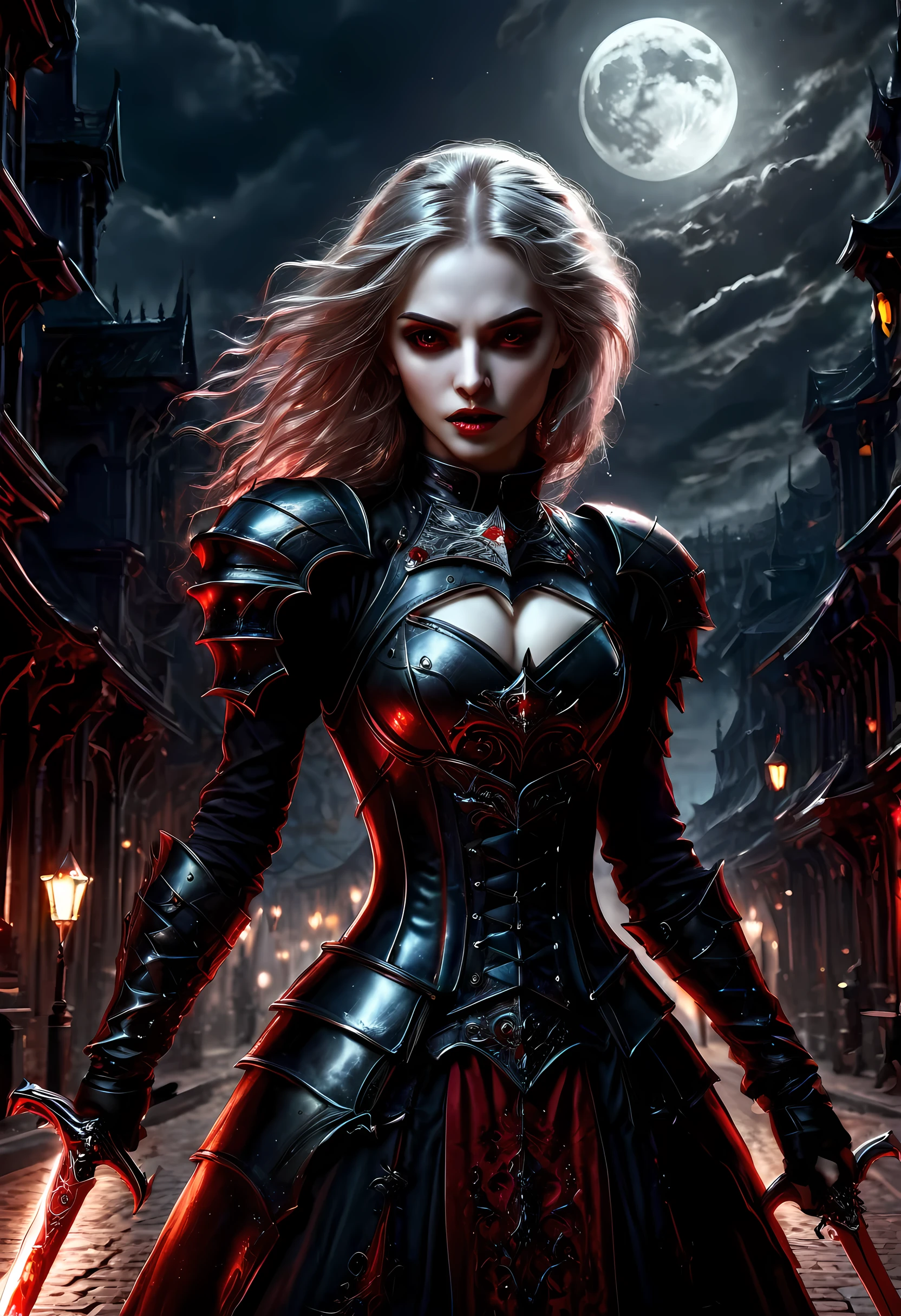 Arafed, dark fantasy art, gothic art, a picturק of a vampire ready for battle, female vampire, armed with a sword, wearing heavy armor , armed with a sword, shining sword, ultra detailed face (intricate detailed, Masterpiece, best quality: 1.4), pale skin, glowing eyes, red eyes, ultra feminine, pale skin, dynamic hair, dark fantasy urban street (intricate detailed, Masterpiece, best quality: 1.4), moon light, star light, clouds, armored_dress, RagingNebula