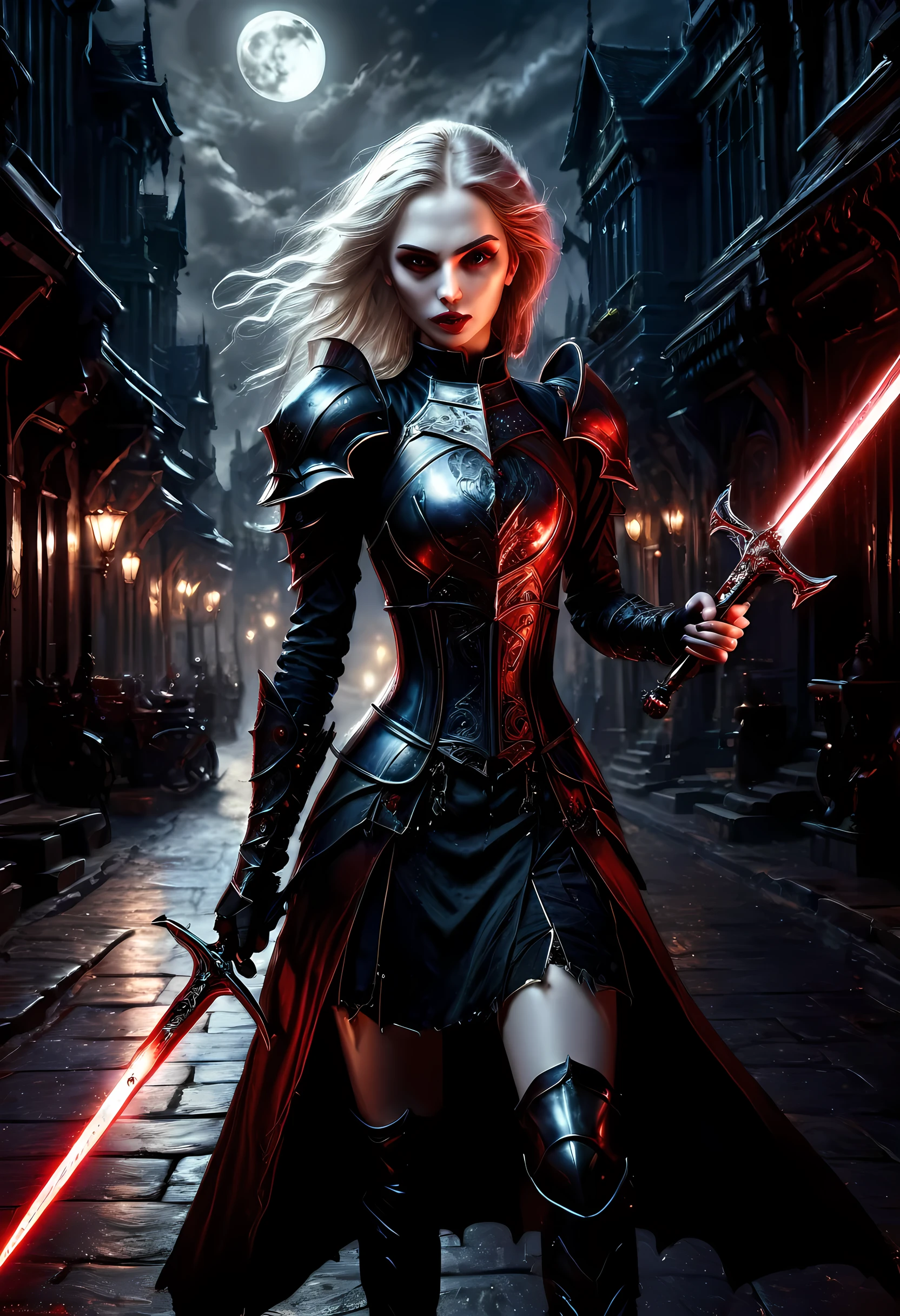 Arafed, action shot, Dark fantasy art, fantasy art, goth art, a picture of a female vampire, exquisite beauty, full body shot, dark glamour shot, pale white skin, blond hair, long hair, wavy hair, (glowing grey: 1.3) eyes, she wears a (red: 1.3) red thigh suit, ArmoredDress, she holds a sword in hand, (ready for battle: 1.4) , the roses are imprinted on the suit (black: 1.4) black roses, high heels, dark castle, dark, black and color, Dark Art Painting Style, flower dress, betmd