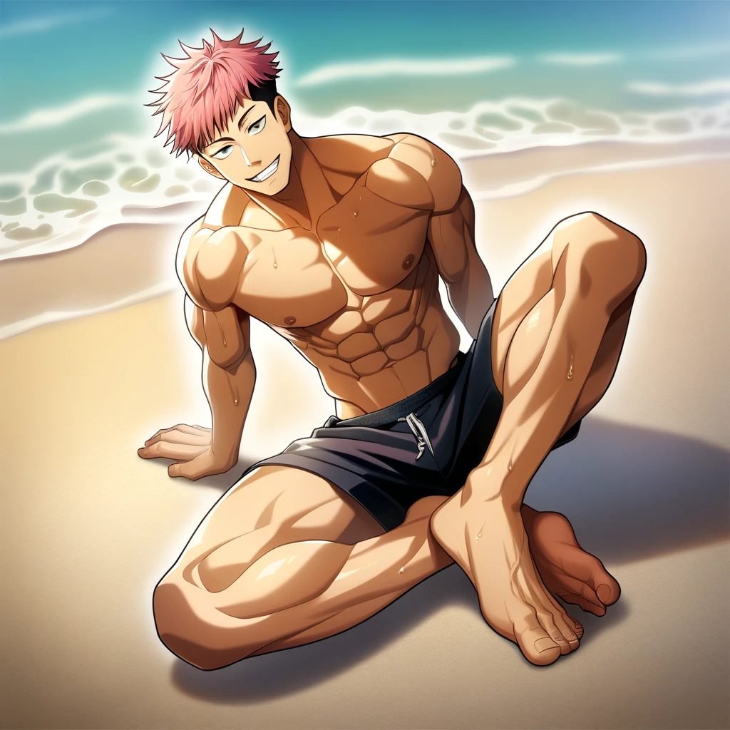 1boys, full body, male focus, muscular male, best quality, amazing quality, best aesthetic, absurdres, chilling at the beach, gay, official style, year 2023, game cg, looking at viewer, happy, looking at viewer, together on picture, yaoi, gay, abs, wet with milk dripping, (Itadori Yuji), Jujutsu kaisen, nipples, pink hair, arms back of head, wearing black short underwear, grin.