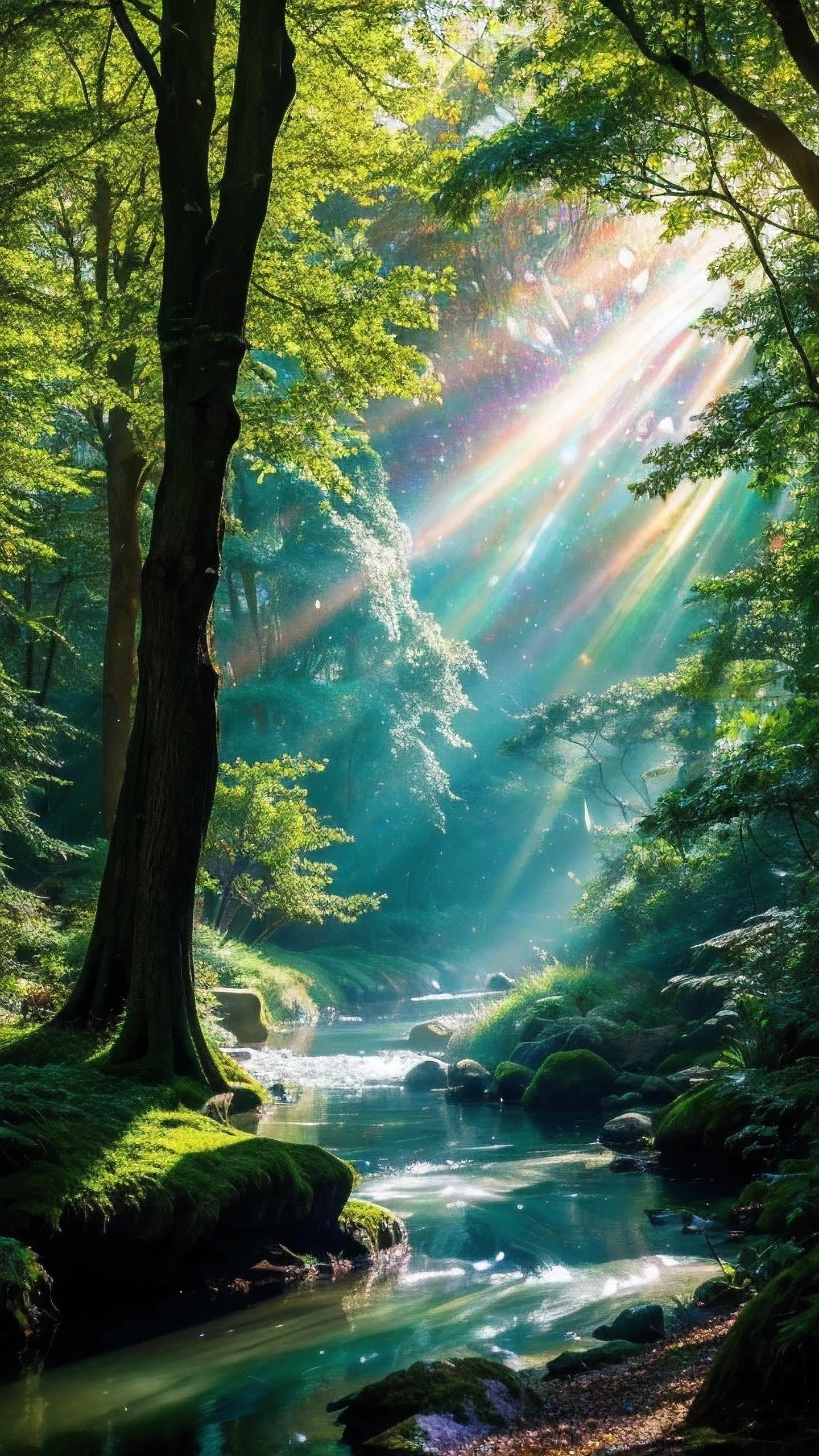 Mystical Forest with Magical Creatures": A dense forest bathed in ethereal light, with whimsical creatures like fairies and unicorns, glowing flora, and a sparkling river running through it.     use vibrant colors