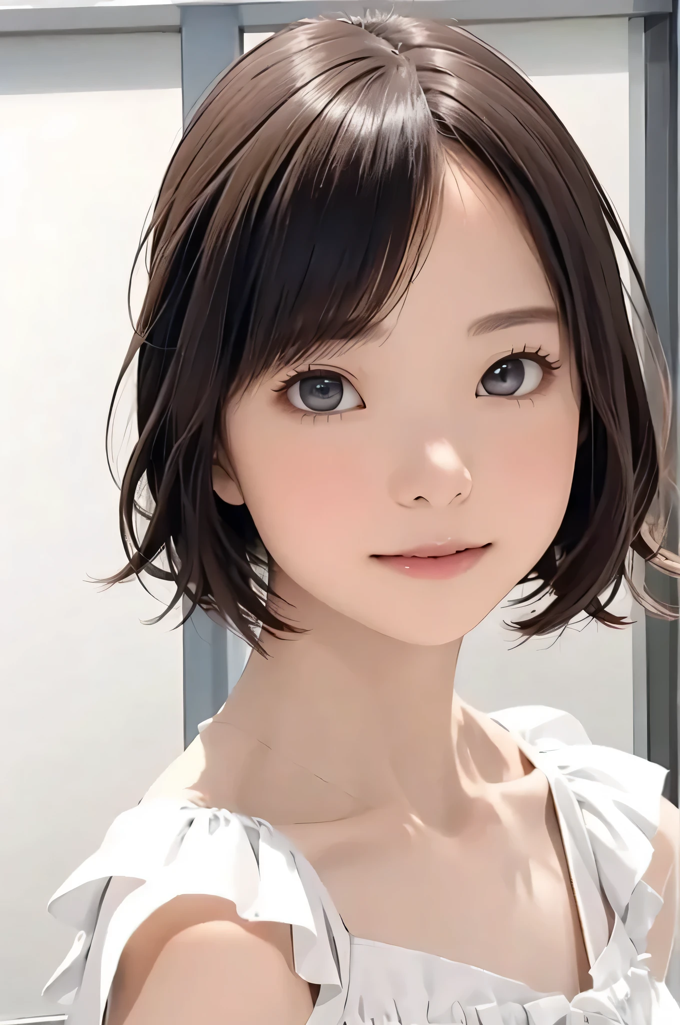 masterpiece、best image quality、Super fine、32K、look at the viewer、look straight ahead、luxury lace white blouse、short hair facing outside、light brown hair、46 points diagonal bang、highest quality、(real:1.4),ultra high resolution、 (thin and beautiful eyes:1.6)、Symmetrical、highly detailed face、perfect lighting、(perfect anatomy)、(white background:1)、hotgenic、best image quality、Characteristics of short hair、high quality、visual art、