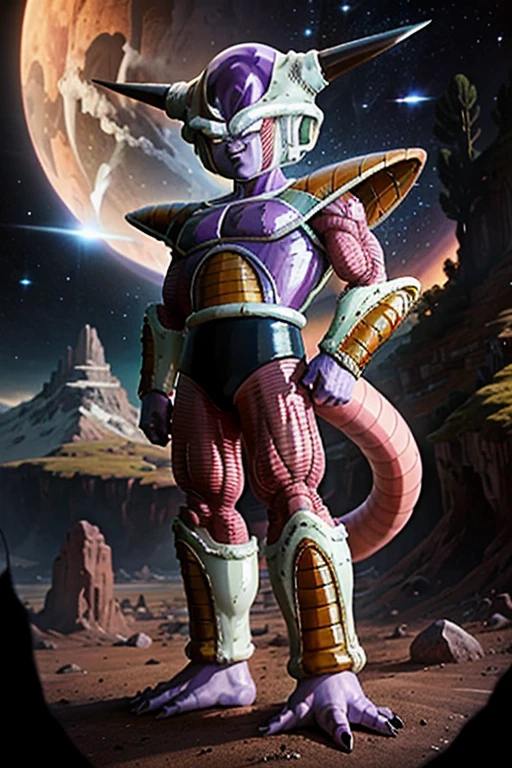masterpiece, best quality, frieza, 1boy, horns, red eyes, clenched hands, akira toriyama styles, saiyan armor, full body, looking at viewer, male focus, tail, plains, mountains , trees , boulders, solo, space