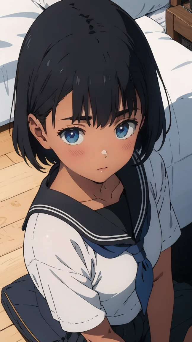 {{kofune mio}}, {summertime render}, (Top view:1.2),(A face waiting for a kiss:1.3), (blush:1.5), shining blue eyes, closed mouth, black short hair, medium breasts, dark skin, dark-skinned female, white serafuku, short sleeves, black neckerchief, 1girl, solo,very aesthetic, best quality, amazing quality, ,curated, illustration, highly detailed, anime coloring,sitting on bed,close up face
BREAK
Super detailed, Official Art, unity 8k wallpaper ,