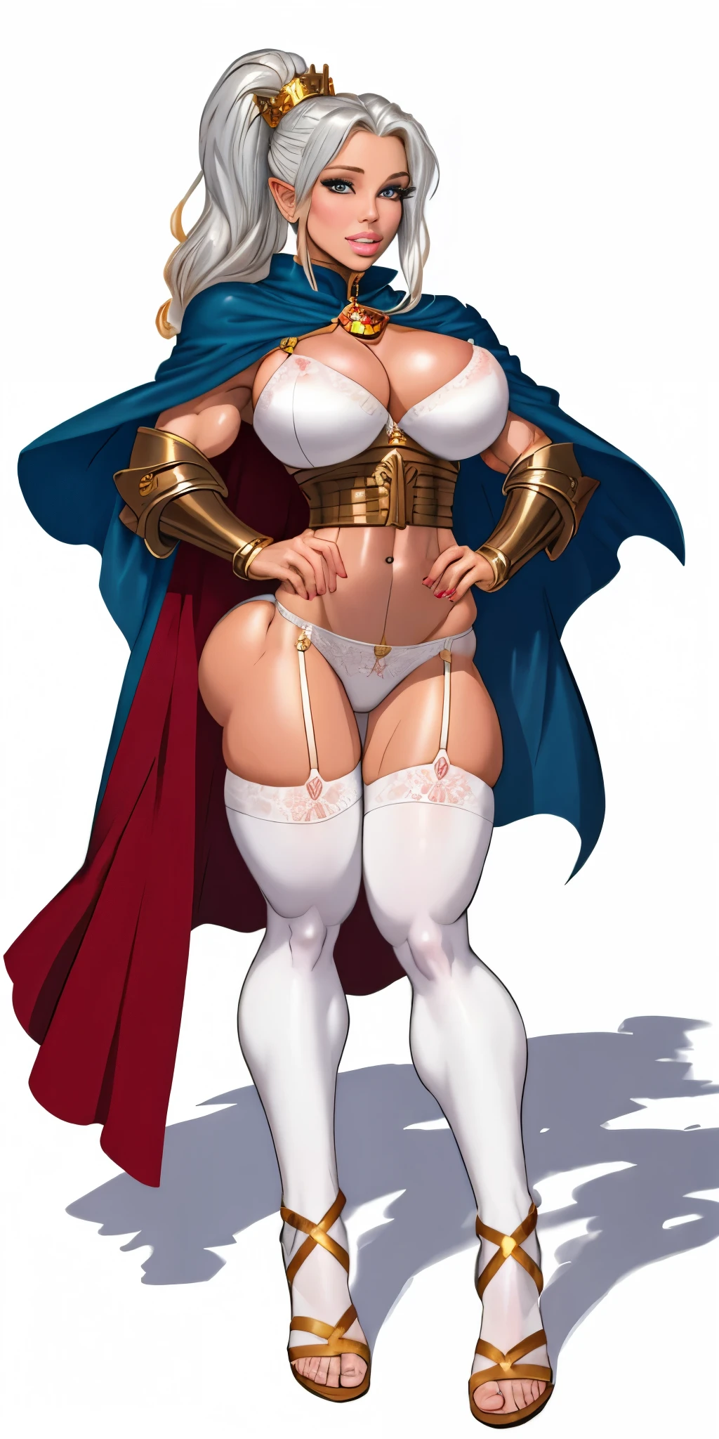 ((masterpiece, white background:1.2)) full body of a woman, standing feet together, extremely long hair, ponytail, perfect anatomy 1sologirl, tall slim thick ((muscular)) high elf toned body, silver breast plate, blue cape, slender abs, hourglass waist, detailed face, defined cheekbones, puffy lips, red gloves gauntlets, gold crown, shadow over eyes, looking at viewer view from below, white thigh highs lingerie