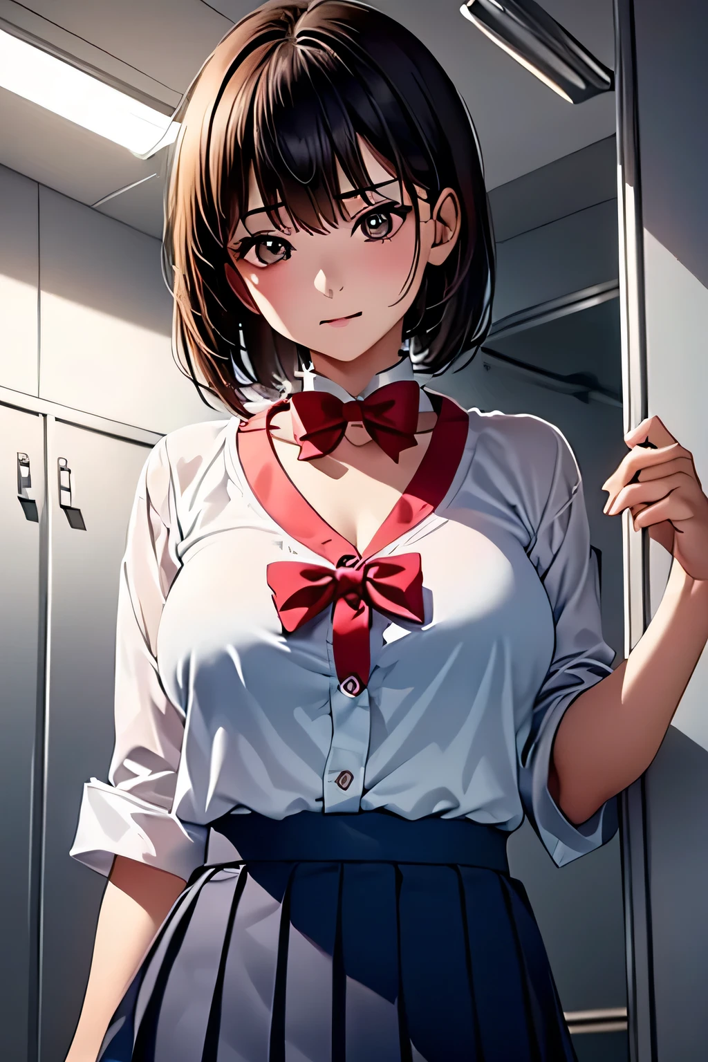 (((locker room))),(((Change clothes in the changing room:1.3))),(((clothes on hangers:1.3))),(((Sailor suit))),(((Pleated skirt that exposes skin))),(Dark red bow tie:1.3),Cute Face,Extreme close up of face,Silver short hair,Cute angry face,Perfect round face,iris,Floating Hair,Big Breasts.Professional Lighting,Cinematic Light,(Tabletop,highest quality,Ultra-high resolution output images,) ,(8K quality,),(Picture Mode Ultra HD,)
