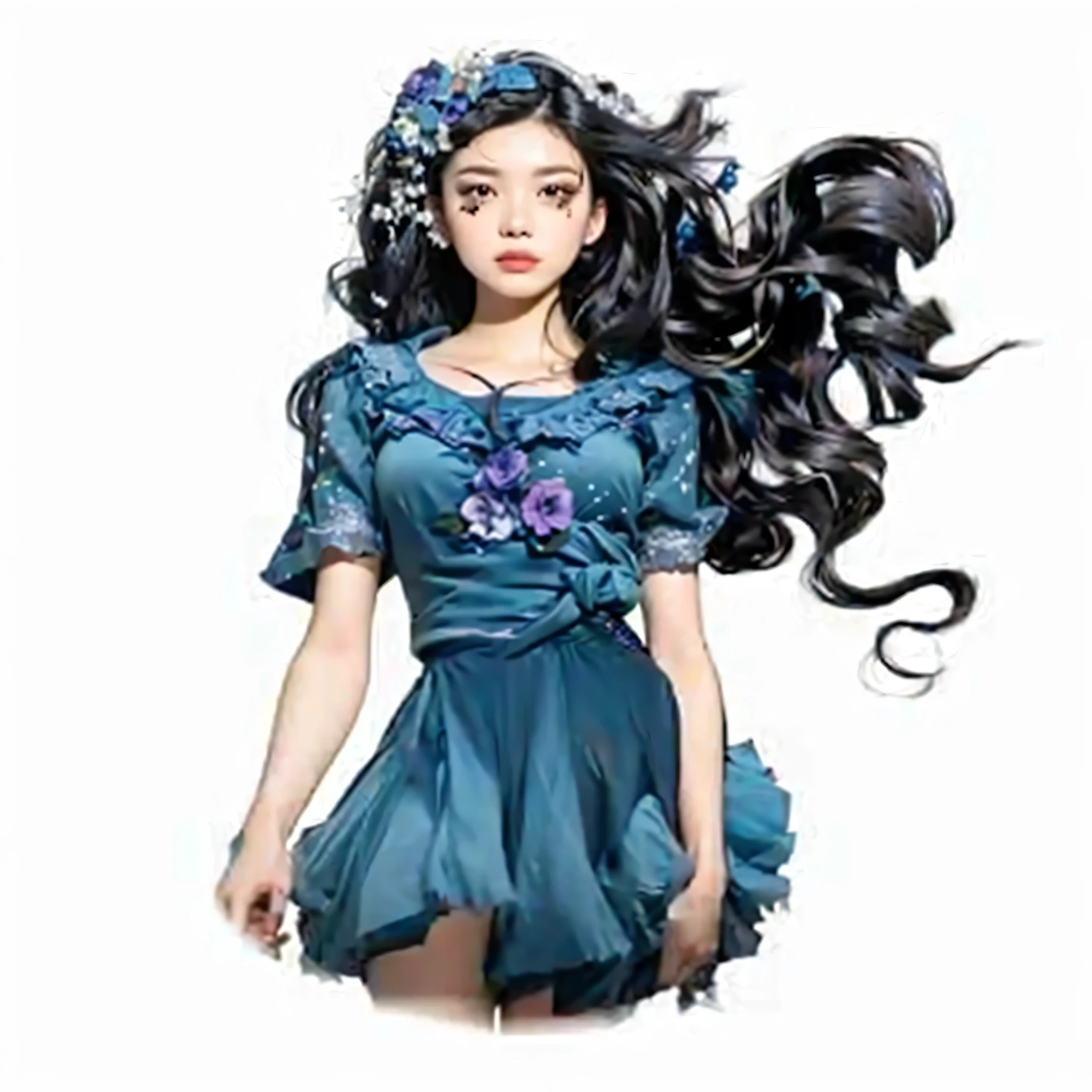 woman with long black hair, wearing a blue dress