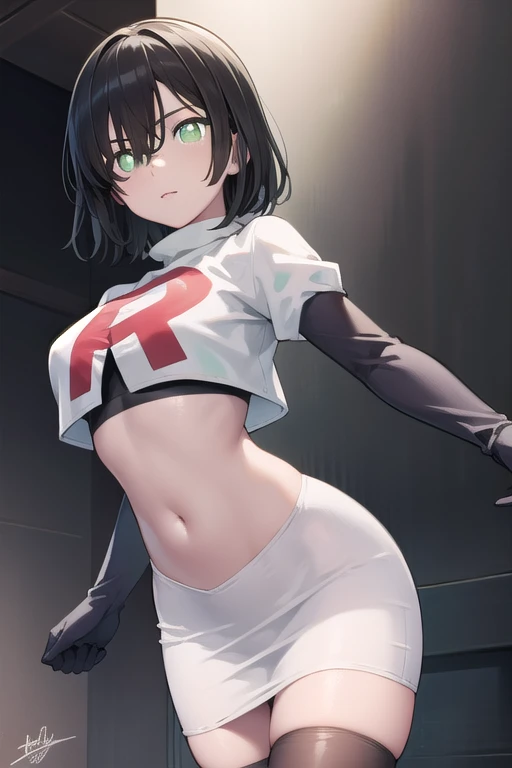 fubuki, fubuki, black hair, (green eyes:1.5), short hair,
BREAK jewelry, team rocket,team rocket uniform,white skirt,red letter R,crop top,black thigh-highs,black elbow gloves,
BREAK looking at viewer,
BREAK (masterpiece:1.2), best quality, high resolution, unity 8k wallpaper, (illustration:0.8), (beautiful detailed eyes:1.6), extremely detailed face, perfect lighting, extremely detailed CG, (perfect hands, perfect anatomy),