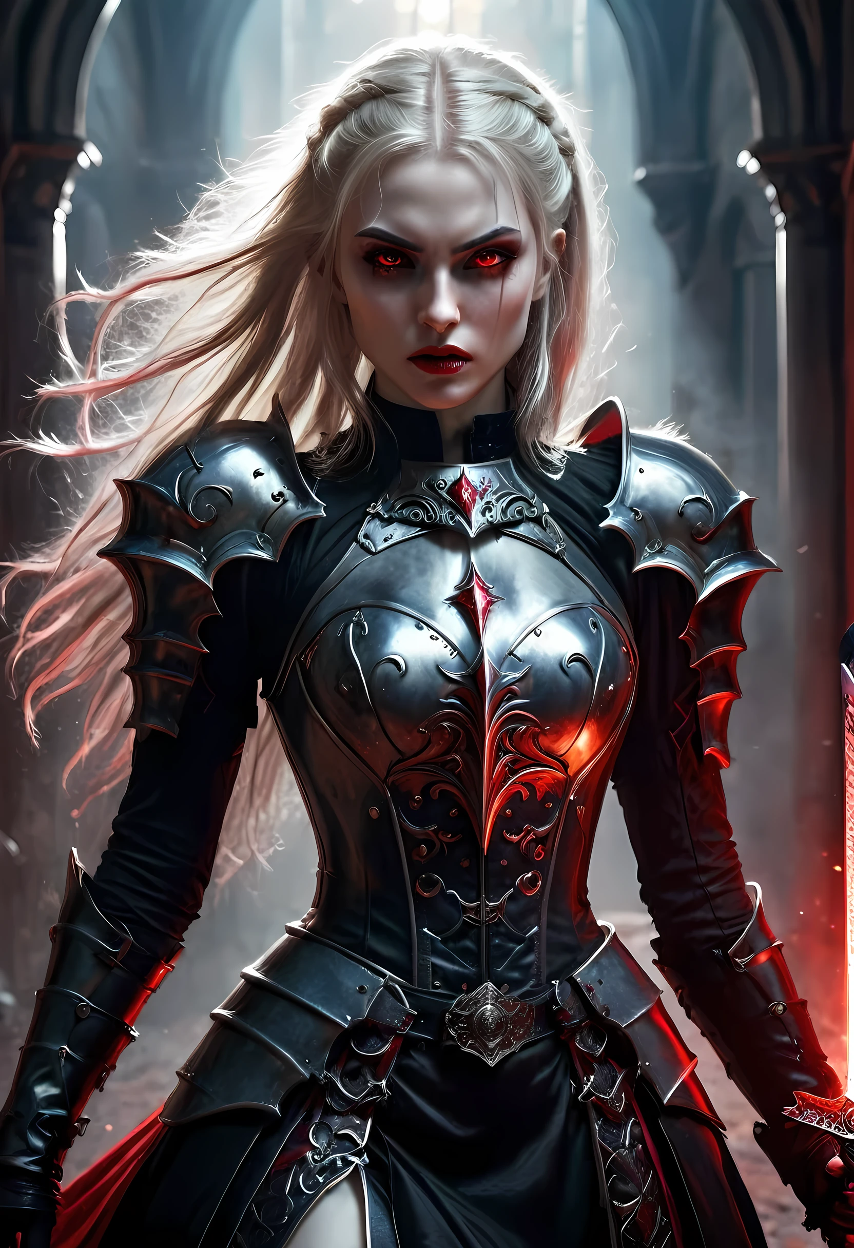 Arafed, dark fantasy art, gothic art, a picturק of a vampire ready for battle, female vampire, armed with a sword, wearing heavy armor , armed with a sword, shining sword, ultra detailed face (intricate detailed, Masterpiece, best quality: 1.4), pale skin, glowing eyes, red eyes, ultra feminine, pale skin, dynamic hair, dark fantasy urban street (intricate detailed, Masterpiece, best quality: 1.4), moon light, star light, clouds, armored_dress, RagingNebula