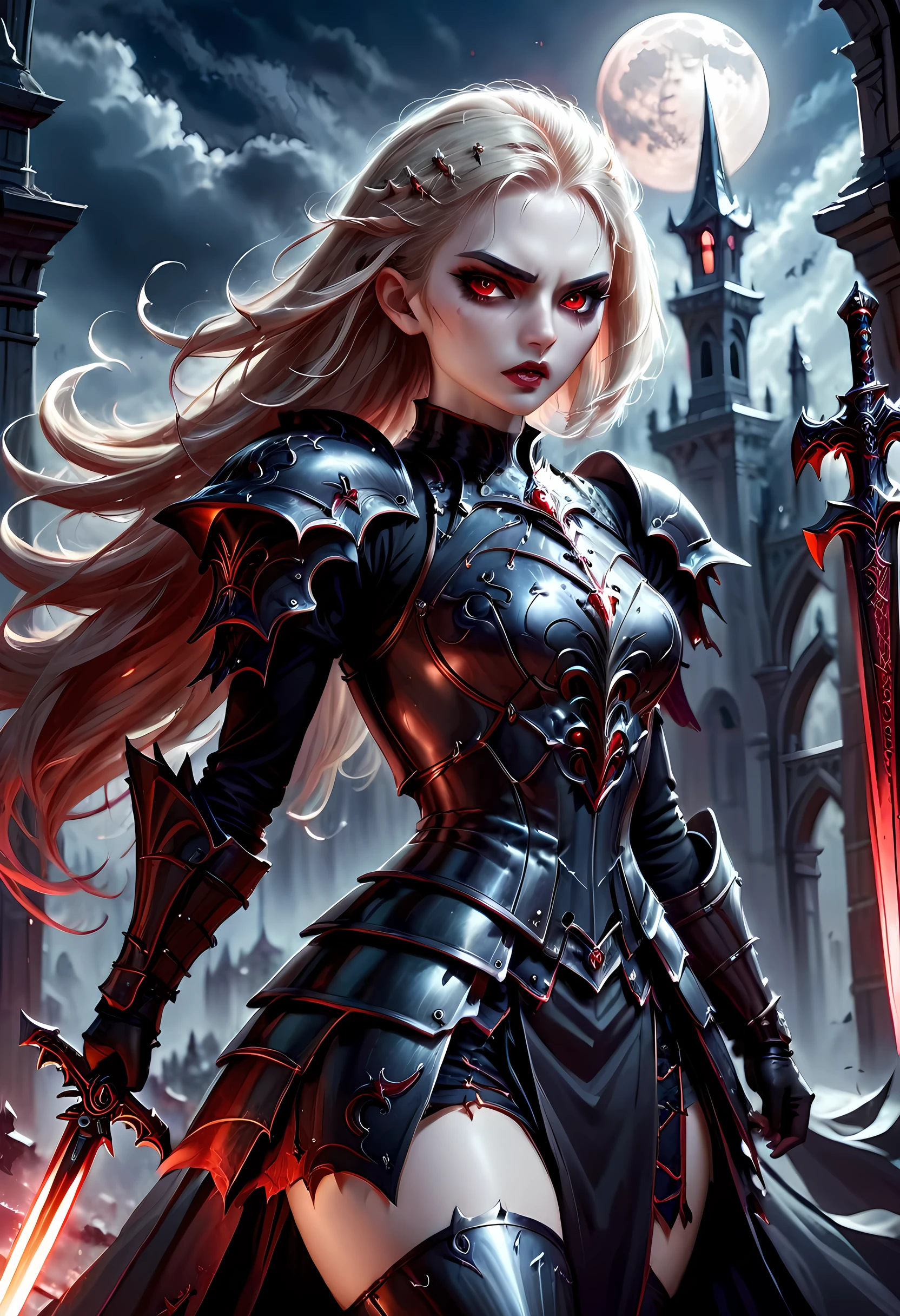 Arafed, dark fantasy art, gothic art, a picturק of a vampire ready for battle, female vampire, armed with a sword, wearing heavy armor , armed with a sword, shining sword, ultra detailed face (intricate detailed, Masterpiece, best quality: 1.4), pale skin, glowing eyes, red eyes, ultra feminine, pale skin, dynamic hair, dark fantasy urban street (intricate detailed, Masterpiece, best quality: 1.4), moon light, star light, clouds, armored_dress, RagingNebula