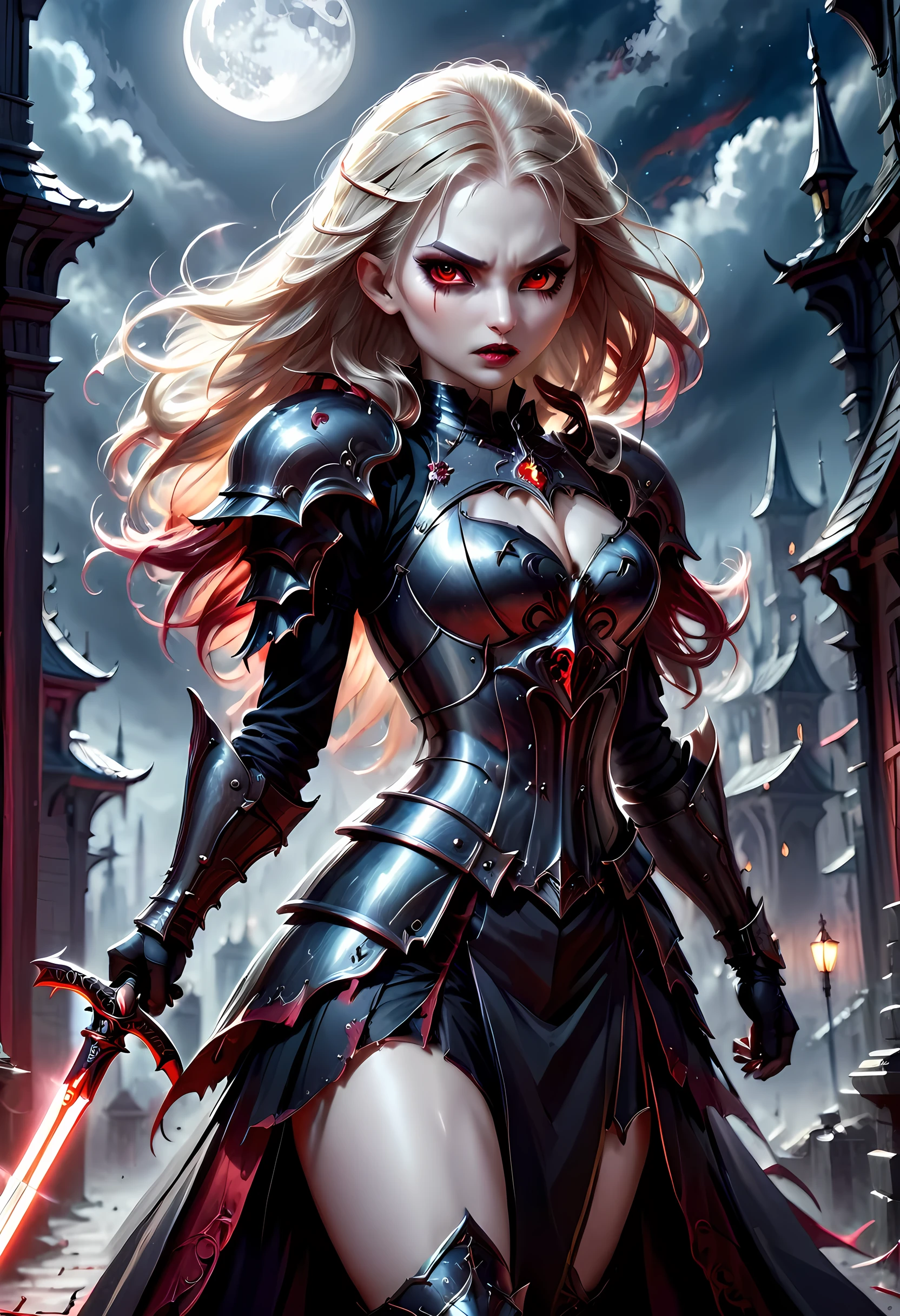 Arafed, dark fantasy art, gothic art, a picturק of a vampire ready for battle, female vampire, armed with a sword, wearing heavy armor , armed with a sword, shining sword, ultra detailed face (intricate detailed, Masterpiece, best quality: 1.4), pale skin, glowing eyes, red eyes, ultra feminine, pale skin, dynamic hair, dark fantasy urban street (intricate detailed, Masterpiece, best quality: 1.4), moon light, star light, clouds, armored_dress, RagingNebula