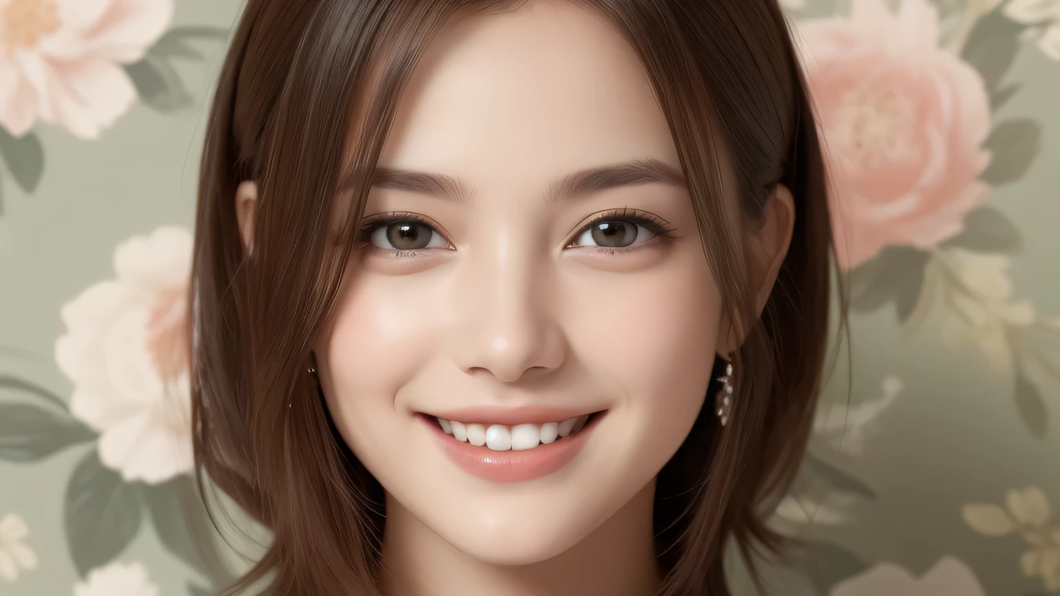 (ung girl:1.2), (happy smile:1.2), (big round eyes:1.2), (trendy underwear), (cleavage), (Best Quality:1.4), Realistic, extremely detailed CG unified 8k wallpaper, highly detailed, High-definition raw color photos, professional photography, Realistic portrait, nice room, Beautiful detailed, (floral wallpaper), (Fine face:1.2), Close up portrait of girl,