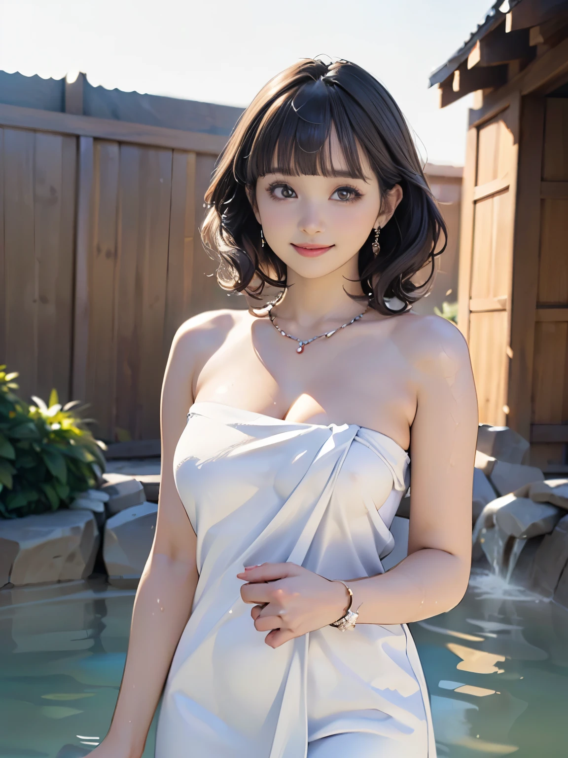 ((((highest quality))))、(((Ultra-precision CG16K wallpaper)))、(((masterpiece)))、(((Super detailed)))、(((Extreme detail)))、((１Mature 29 year old woman:1.6))、((Very beautiful Japanese faces))、((Kanna Hashimoto:1.5))、((Soft wavy short bob hair、blunt bangs:1.5))、(Shiny brown hair)、Beautiful Eyes、Clearly defined pupils、eyeliner、Eyeshadow、High nose、Small nostrils、Small Mouth、Seductive lips、Beautiful breasts、((C cup size breasts))、Cleavage、Beautiful feet、eight-headed body、Perfect proportions、Perfect Anatomy、Perfect composition、Beautiful detailed shading、Beautiful, natural lighting、Beautiful detail glow、Depth of written boundary、(((High chroma)))、(((Real:1.9)))、((vivid:1.5))、((Beautiful Skin))、((Skin Texture))、((Realな皮膚感))、(((Cowboy Shot:1.6)))、((Front view、shoot from front、Front low angle:1.6))、(((smile:1.6)))、((The woman is looking at this、looking at viewer、Facing forward:1.6))、Bright daylight、Natural light、(((outdoor open-air bath、rock:1.5)))、(Bathing pose:1.6)、(((Wearing white towel:1.6)))、((Earrings、Wearing a necklace:1.3))、(((A woman is in an open-air bath:1.6)))、