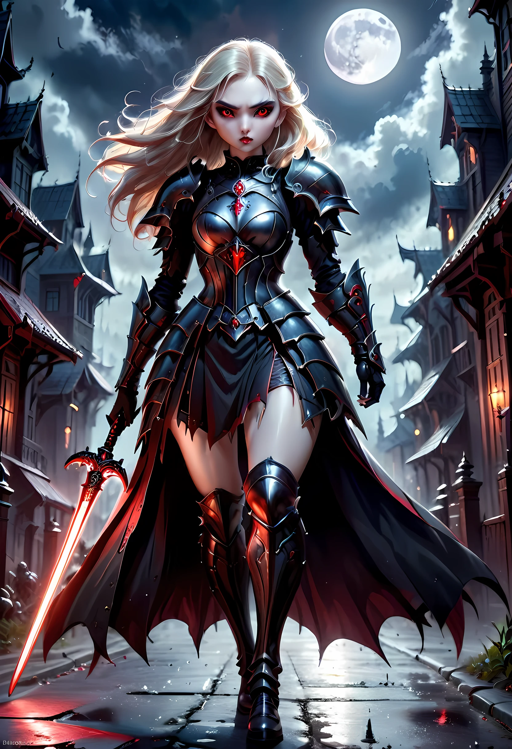 modisn disney Arafed, dark fantasy art, gothic art, a picturק of a vampire ready for battle, female vampire, armed with a sword, wearing heavy armor , armed with a sword, shining sword, ultra detailed face (intricate detailed, Masterpiece, best quality: 1.4), pale skin, glowing eyes, red eyes, ultra feminine, pale skin, dynamic hair, dark fantasy urban street (intricate detailed, Masterpiece, best quality: 1.4), moon light, star light, clouds, armored_dress, RagingNebula,