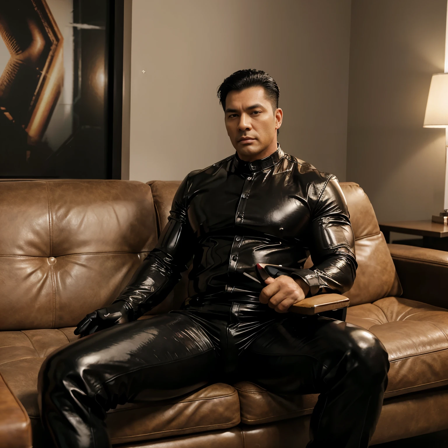 30 years old,daddy,"shiny suit",leather trousers ,Dad sat on sofa,k hd,in the office,"big muscle", gay ,black hair,asia face,masculine,strong man,the boss is,handsome,,leather gloves,lecherous dad,look straight ahead,dad is handsome,dad is handsome ,dad is "horny dad"