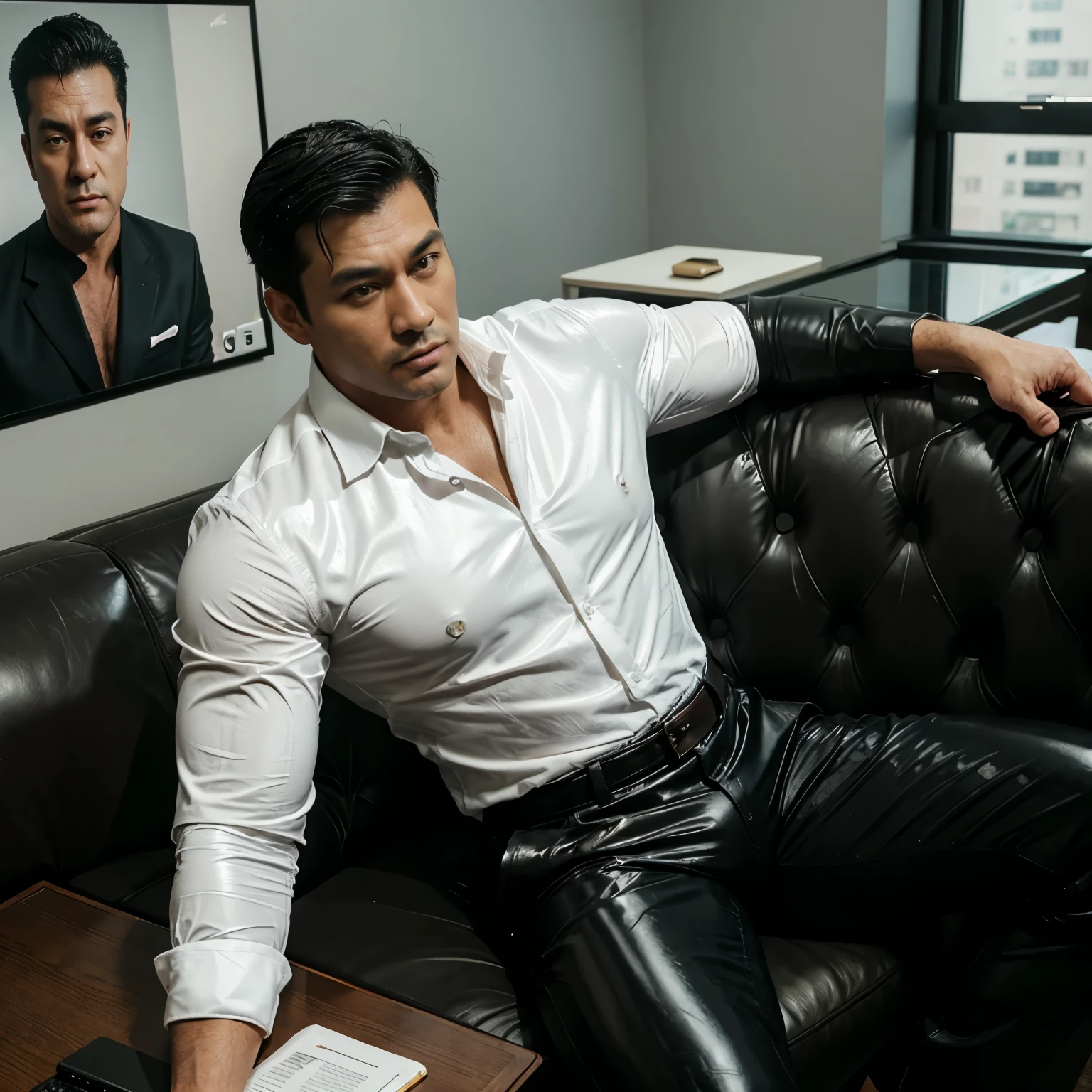 30 years old,daddy,"shiny suit ", wear shirt, pants,Dad sat on sofa,k hd,in the office,"big muscle", gay ,black hair,asia face,masculine,strong man,the boss is,handsome,,leather gloves,lecherous dad,look straight ahead,dad is handsome,dad is handsome ,dad is "horny dad"