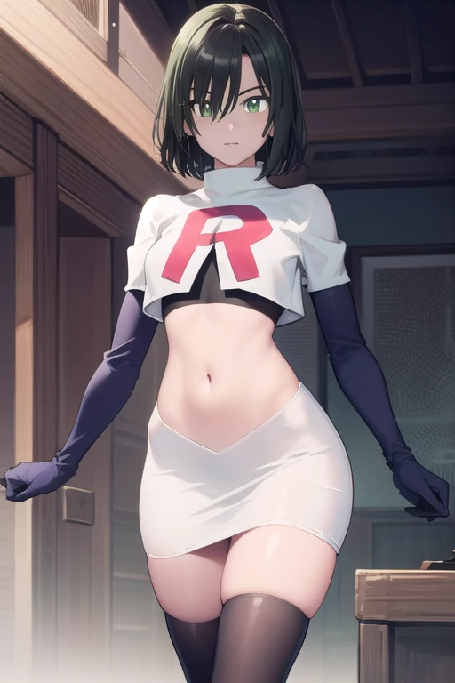 fubuki, fubuki, black hair, (green eyes:1.5), short hair,
BREAK jewelry, team rocket,team rocket uniform,white skirt,red letter R,crop top,black thigh-highs,black elbow gloves,
BREAK looking at viewer,
BREAK (masterpiece:1.2), best quality, high resolution, unity 8k wallpaper, (illustration:0.8), (beautiful detailed eyes:1.6), extremely detailed face, perfect lighting, extremely detailed CG, (perfect hands, perfect anatomy),