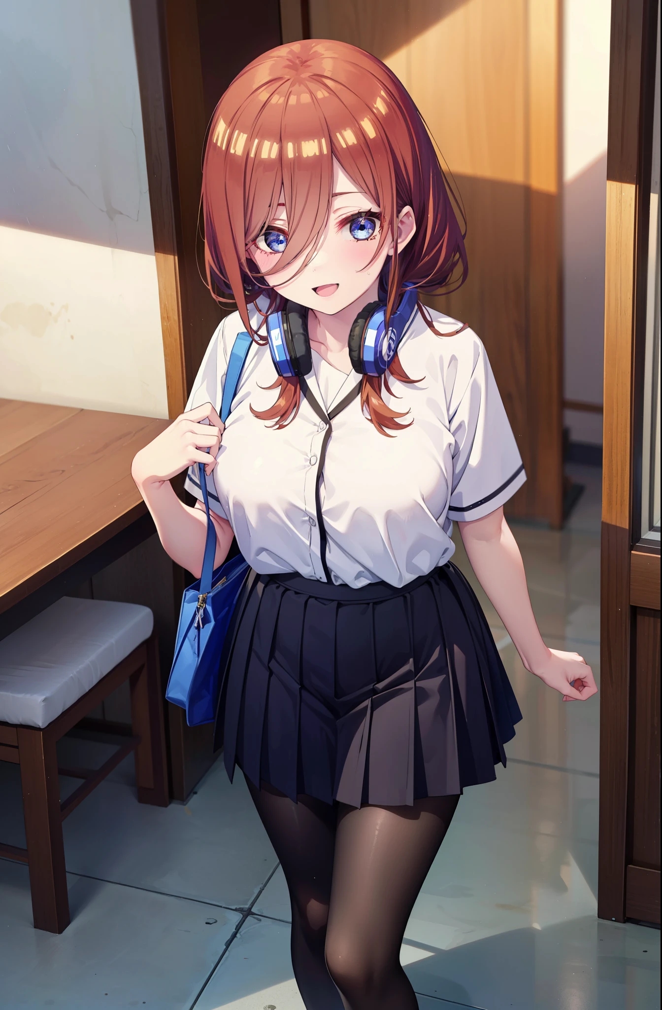 Mikunakano, Miku Nakano, Long Hair, bangs, blue eyes, Brown Hair, shirt, Hair between the eyes, Headphones around neck,smile、happy smile, smile, Open your mouth,Big Breasts,Japanese schoolgirl(Black Sailor Suit),Short sleeve,Black pleated skirt,Black pantyhose,Brown Loafers,Daytime,Clear skies,whole bodyがイラストに入るように,Looking down from above,
break indoors, School,Big Breasts,
break looking at viewer, whole body,
break (masterpiece:1.2), highest quality, High resolution, unity 8k wallpaper, (shape:0.8), (Beautiful details:1.6), Highly detailed face, Perfect lighting, Extremely detailed CG, (Perfect hands, Perfect Anatomy),