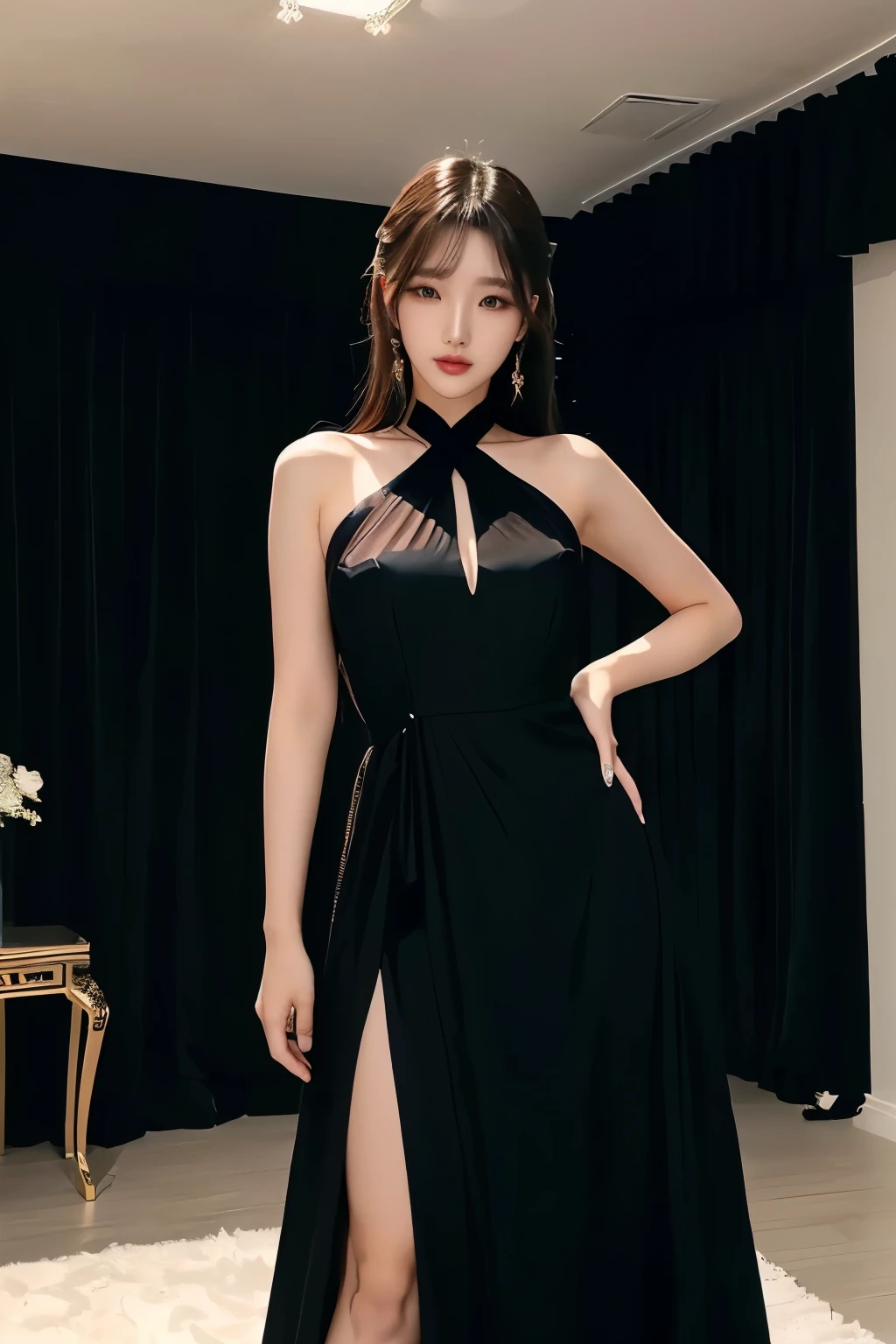 Model and background intact, Araped woman in black dress standing in room, sexy gown, open dress, sexy dress, Wearing a black dress, Heonhwa Choi, 그녀는 Wearing a black dress 있어요, Stunning young Korean woman, long dress, dark black long dress, sexy :8, Wearing a long robe, Jiyoon Chae, gorgeous chinese model, wearing an elegant dress