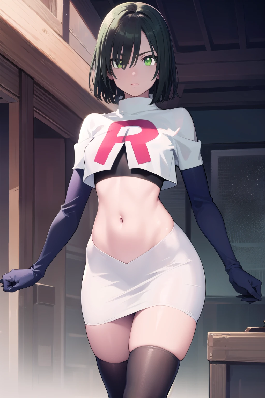 fubuki, fubuki, black hair, (green eyes:1.5), short hair,
BREAK jewelry, team rocket,team rocket uniform,white skirt,red letter R,crop top,black thigh-highs,black elbow gloves,
BREAK looking at viewer,
BREAK (masterpiece:1.2), best quality, high resolution, unity 8k wallpaper, (illustration:0.8), (beautiful detailed eyes:1.6), extremely detailed face, perfect lighting, extremely detailed CG, (perfect hands, perfect anatomy),