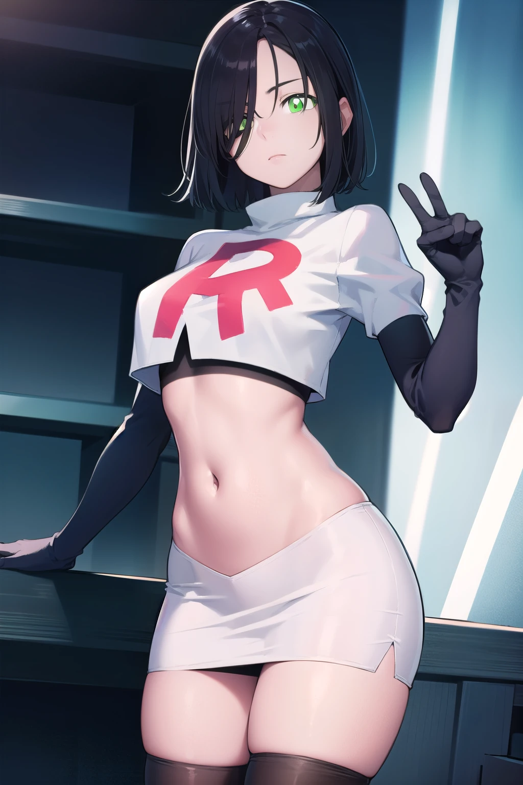 fubuki, fubuki, black hair, (green eyes:1.5), short hair,
BREAK jewelry, team rocket,team rocket uniform,white skirt,red letter R,crop top,black thigh-highs,black elbow gloves,
BREAK looking at viewer,
BREAK (masterpiece:1.2), best quality, high resolution, unity 8k wallpaper, (illustration:0.8), (beautiful detailed eyes:1.6), extremely detailed face, perfect lighting, extremely detailed CG, (perfect hands, perfect anatomy),