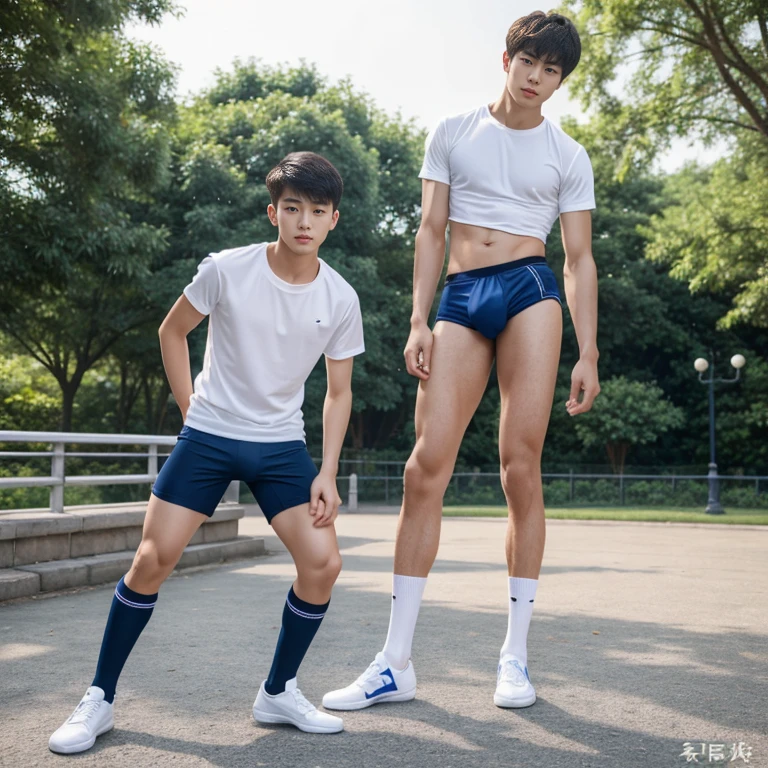  teenagers ,  young , light-skin , wearing an dark blue sexy underwear, tmasterpiece，k hd，the feet，black long socks，The barefoot , blue colour , handsome and cute , extreme cute boy , white skin , dark blue underwear boxers shorts , extremely tall and cute boy ,oppa model , handsome model , full body , dark blue boxers underwears short shorts , black socks , white light-skin , Chinese model , young boy , white skin , handsome and extremely cute , blue boxers underwear shorts , long black socks , handsome model , at the park , outdoor , model oppa , long legs , jogging , people around , high knee black socks ,black  long socks , stand up , extremely tall , extremely high , blue underwears , blue sports underwear , long black socks , clean and white legs , Chinese model , extremely long legs , clean and white thigh , heavy bulge , kid face , baby face , wearing t-shirt  , blue underwears boxers , light and white skin , Chinese model , strike a pose , sexy pose , horny boy , high knee black socks , long black socks , youth , detailed handsome chinese face , clean and white body , standing up , chinese cute face , size different , height different , more taller than other boy , height comparison