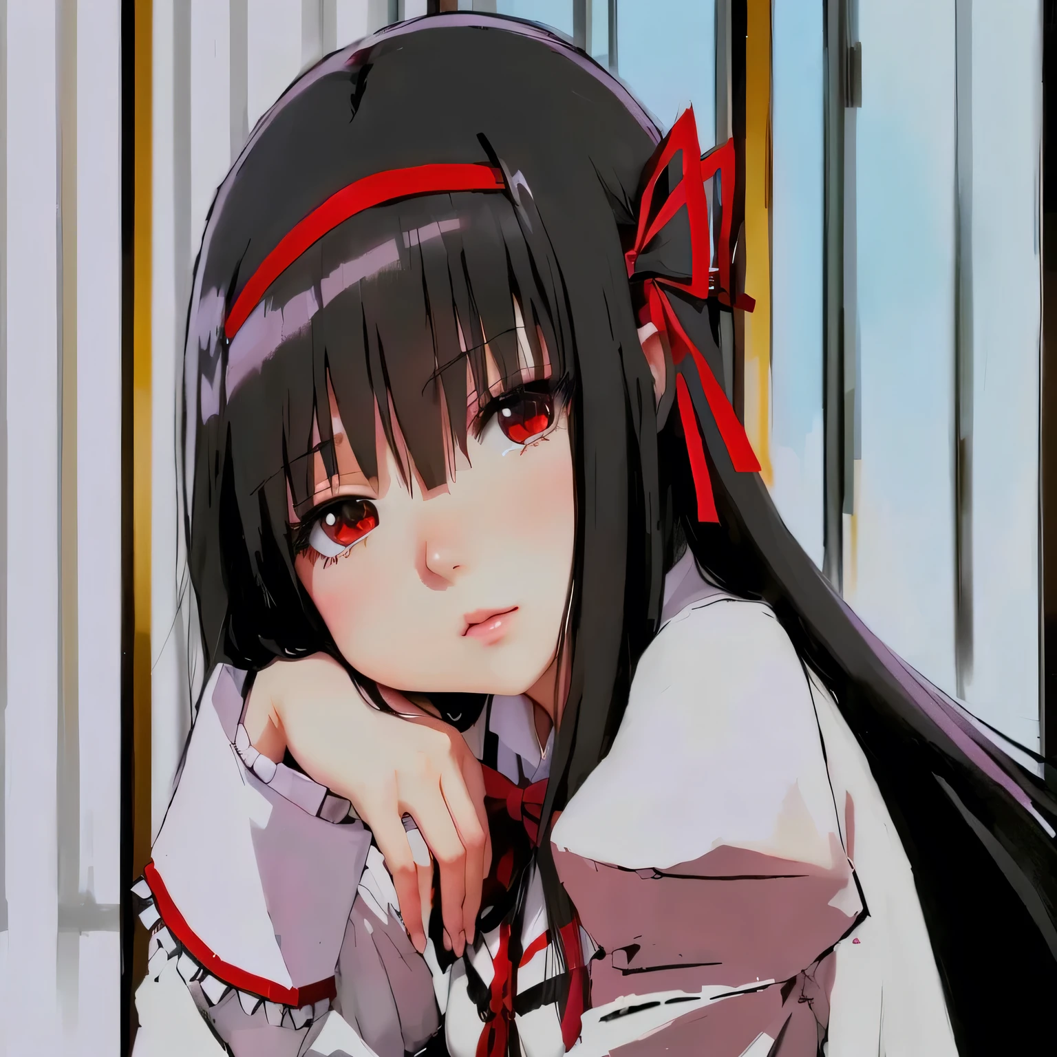 anime girl with long black hair and red bow sitting on a chair, close up iwakura deitado, estilo de arte anime moe, iwakura deitado, Reimu Hakurei, perto de lain iwakura, close up of iwakura deitado, por Jin Homura, artistic rendering of reimu hakurei, Gamoe Yandere 4k fundo cidade edificios janelas vidro 