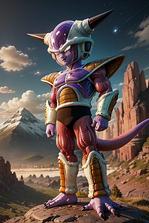 8k, 4k, masterpiece, best quality, sharp focus, extreme intrincate detail and textures,best quality painting,  evil smile, masterpiece , perfect composition, frieza, 1boy, horns, red eyes, clenched hands, akira toriyama styles, saiyan armor, full body, looking at viewer, male focus, tail, plains, mountains , trees , boulders, solo, space  