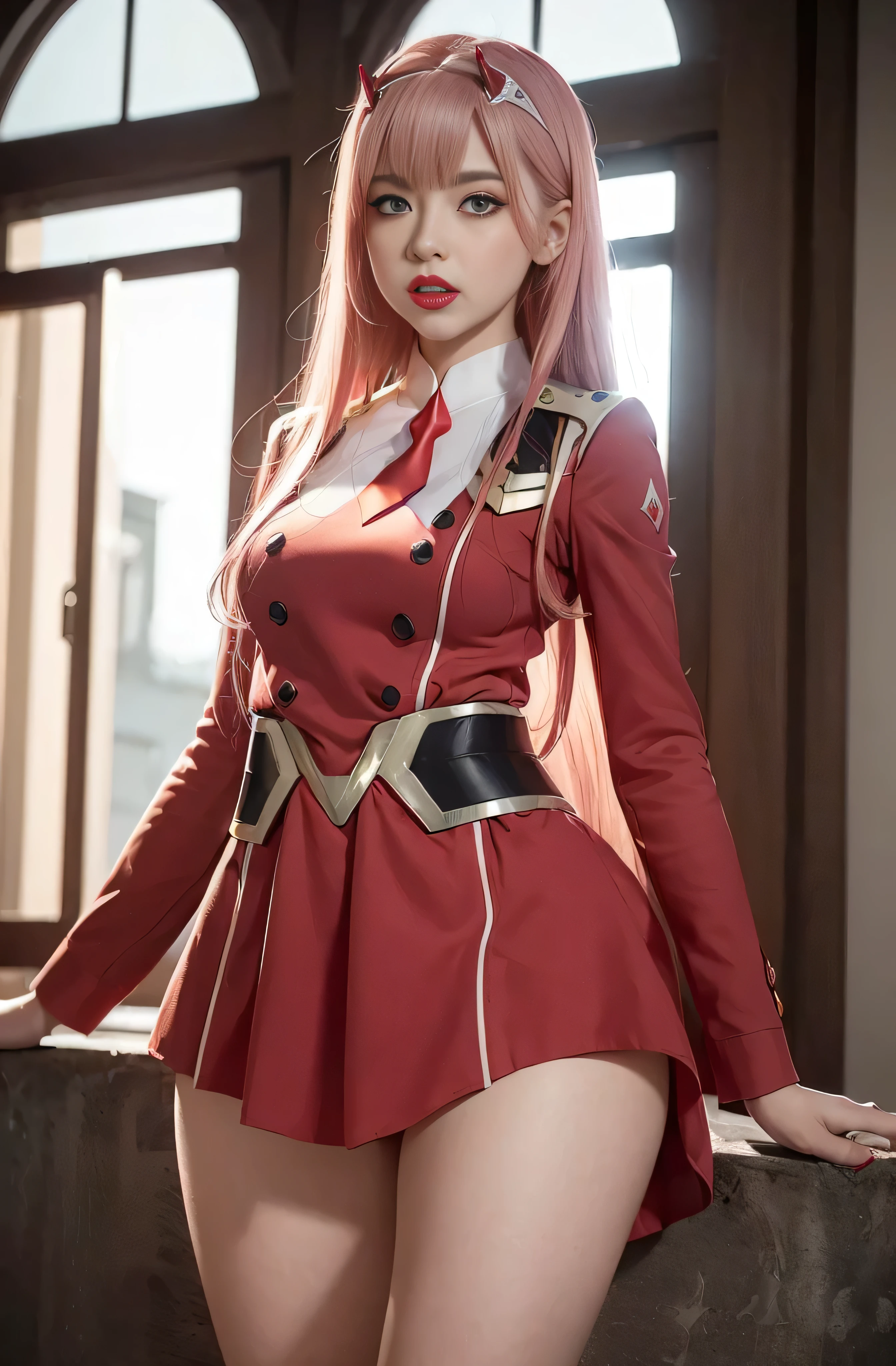 (Best quality, masterpiece: 1.1), (fidelity: 1.4), 1 girl, ((Zero Two/Darling in the Franxx)), ((uniform academy)), ((skirt)), upper body, very long hair, study, very young girl, ((very small breasts)), extremely beautiful woman, ((ultra detailed and toned legs)), ((very wide hips)), ((very thick and toned thighs)), (sexy), ((extreme hourglass figure)), ((very thick heart lips)), ((very small and thick lips)), ((red lipstick)), ((angry look)), (blush), (makeup), ((she is angry))