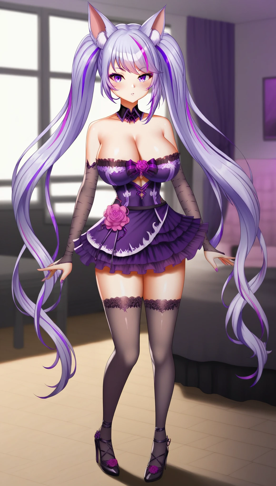 NymphaaeaVTXL, purple eyes, purple hair, multicolored hair, streaked hair, long hair, twintails, animal ears, large breasts, purple dress, cleavage, pink flower, bare shoulders, elbow gloves, skirt, black thighhighs, black high heels, solo, standing, looking at viewer, indoors