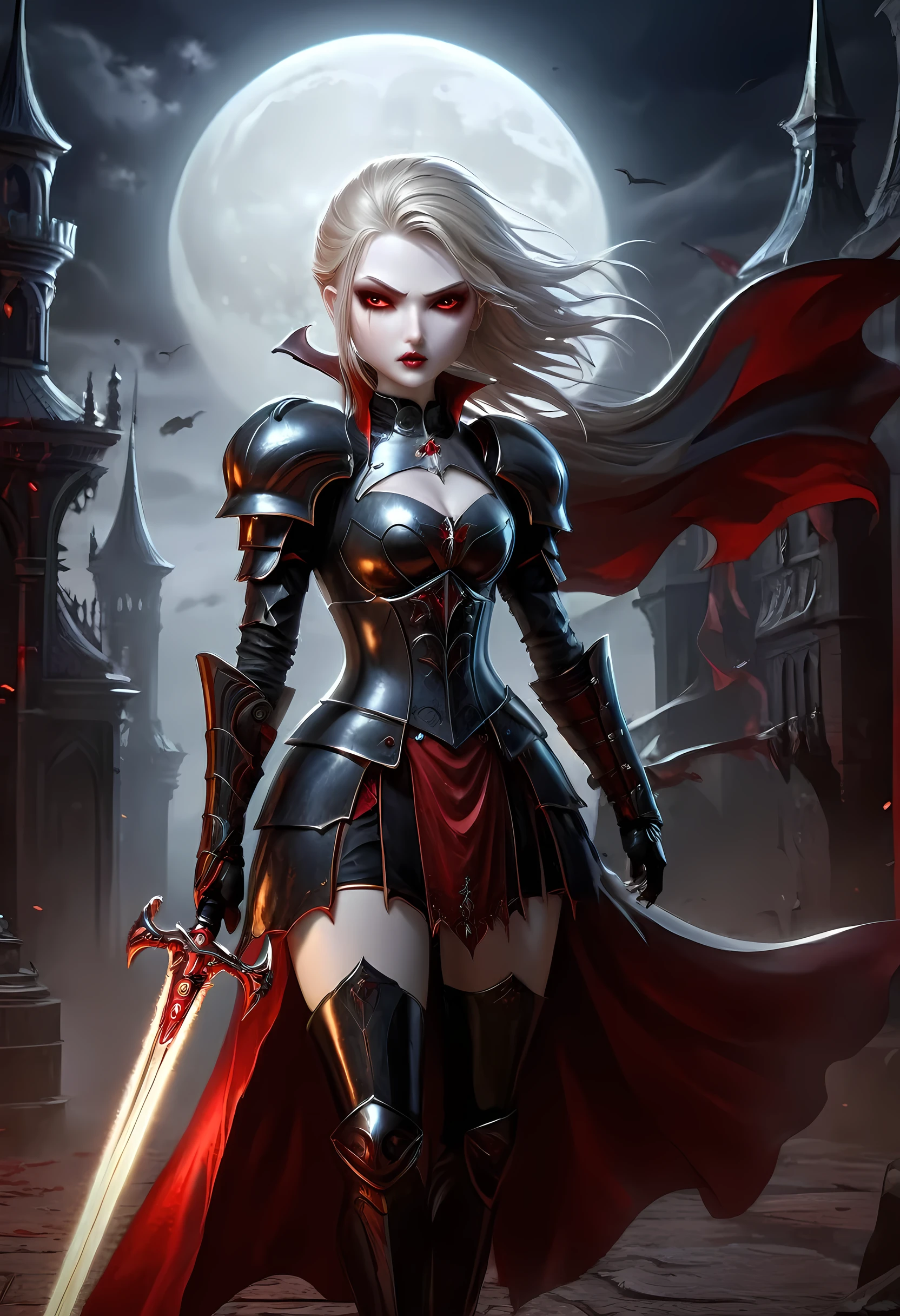 Arafed, dark fantasy art, gothic art, a picturק of a vampire ready for battle, female vampire, armed with a sword, wearing heavy armor , armed with a sword, shining sword, ultra detailed face (intricate detailed, Masterpiece, best quality: 1.4), pale skin, glowing eyes, red eyes, ultra feminine, pale skin, dynamic hair, dark fantasy urban street (intricate detailed, Masterpiece, best quality: 1.4), moon light, star light, clouds, armored_dress, RagingNebula, 